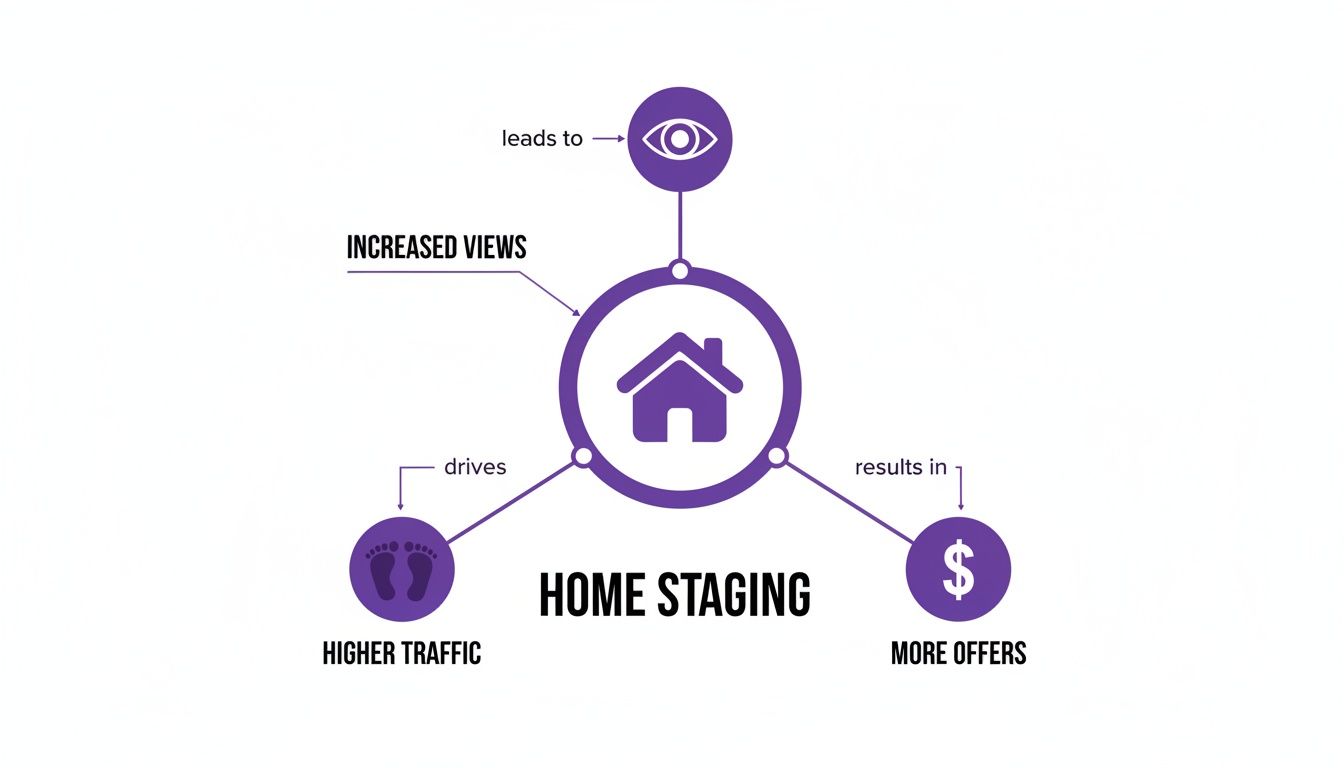 Infographic showing home staging leads to increased views, higher traffic, and more offers.
