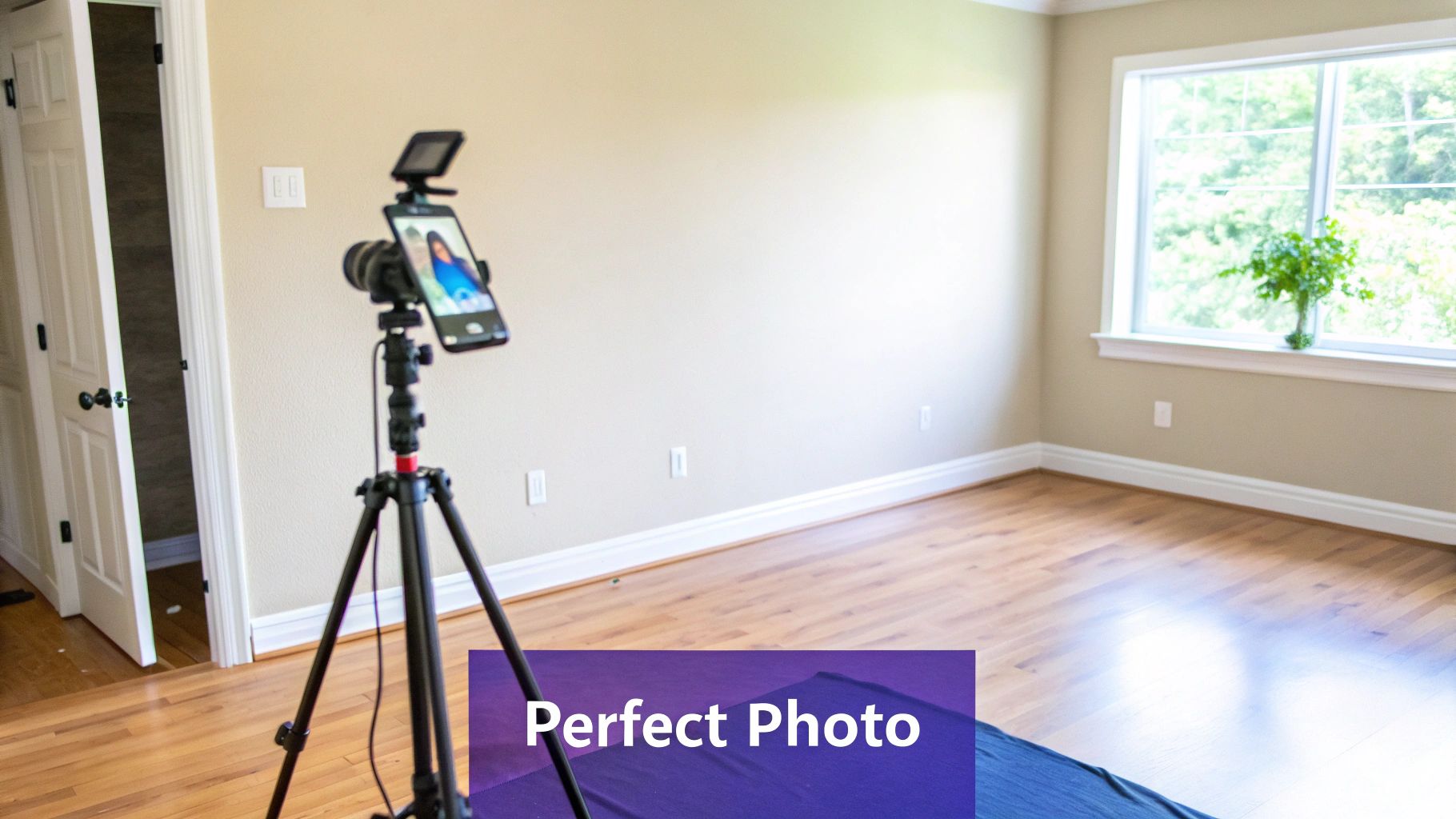A camera on a tripod with a phone screen displaying a person, set up in an empty room.