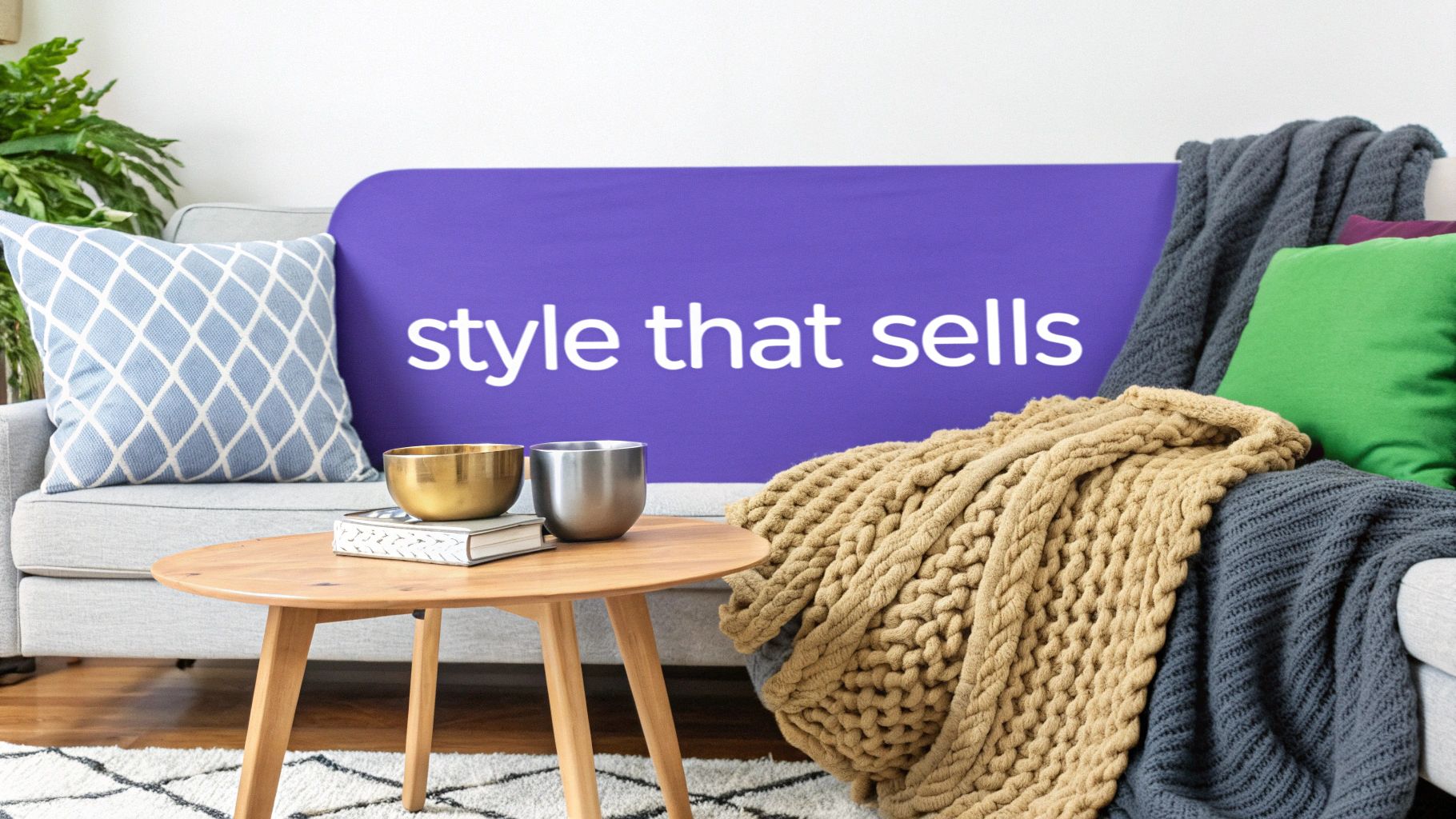A staged living room with a grey couch, decorative pillows, blankets, coffee table, and 'style that sells' sign.