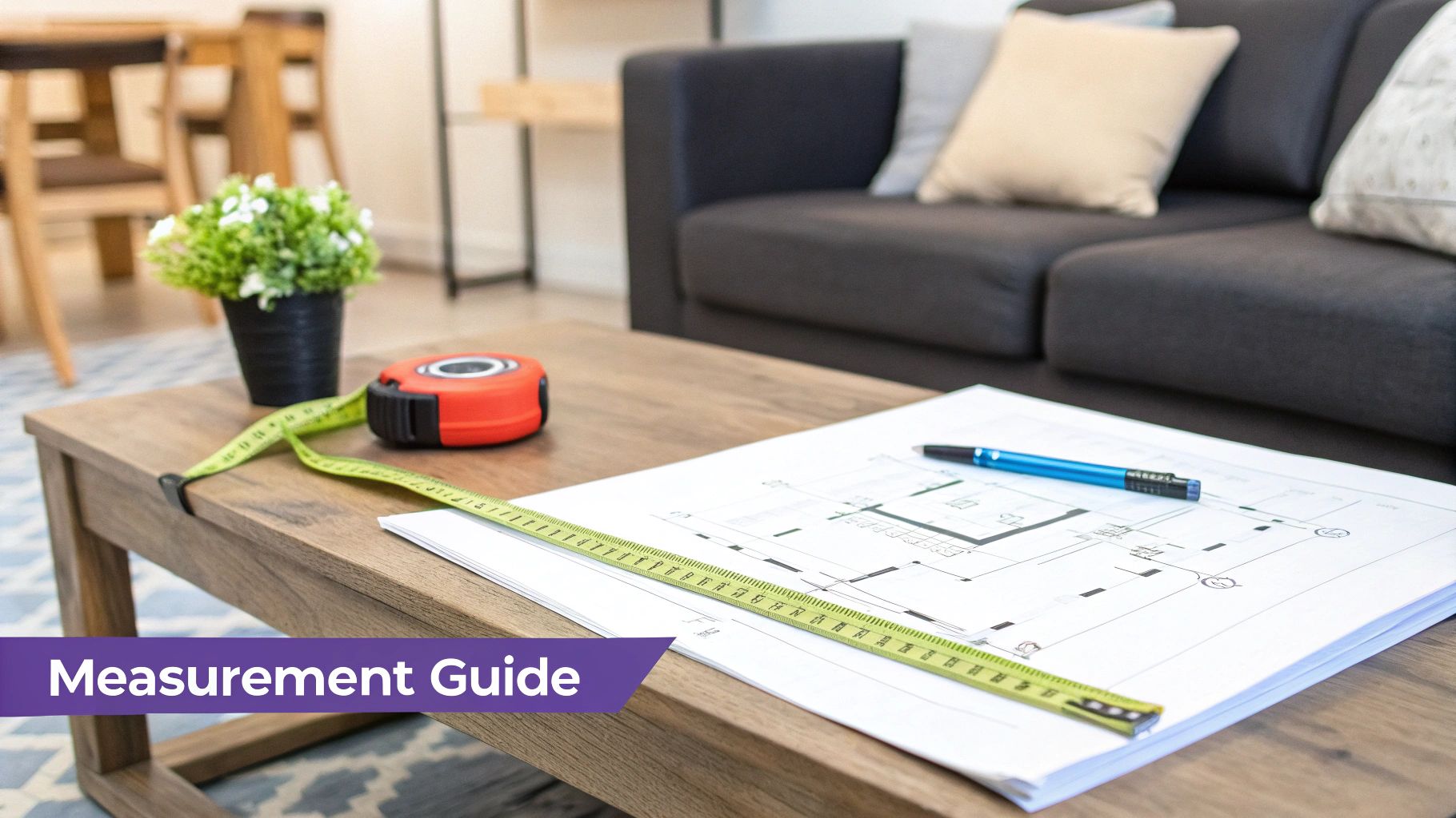 A tape measure, architectural blueprints, and a pen on a coffee table, for measurement planning.