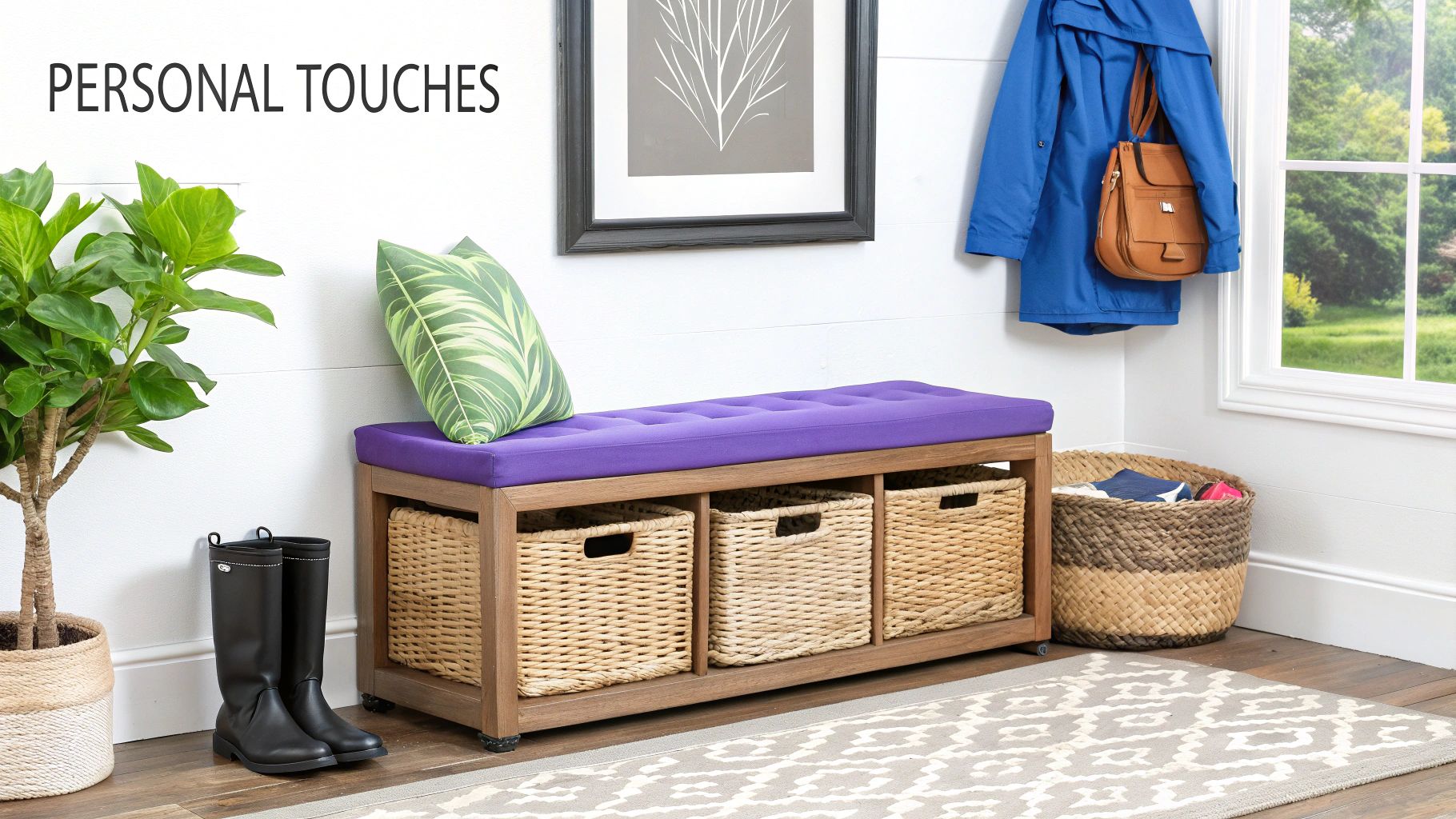 A vibrant mudroom entryway featuring a storage bench with purple cushion, woven baskets, and a green plant.