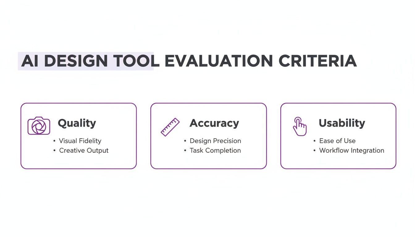 AI design tool evaluation criteria outlining quality, accuracy, and usability with detailed sub-criteria for each category.