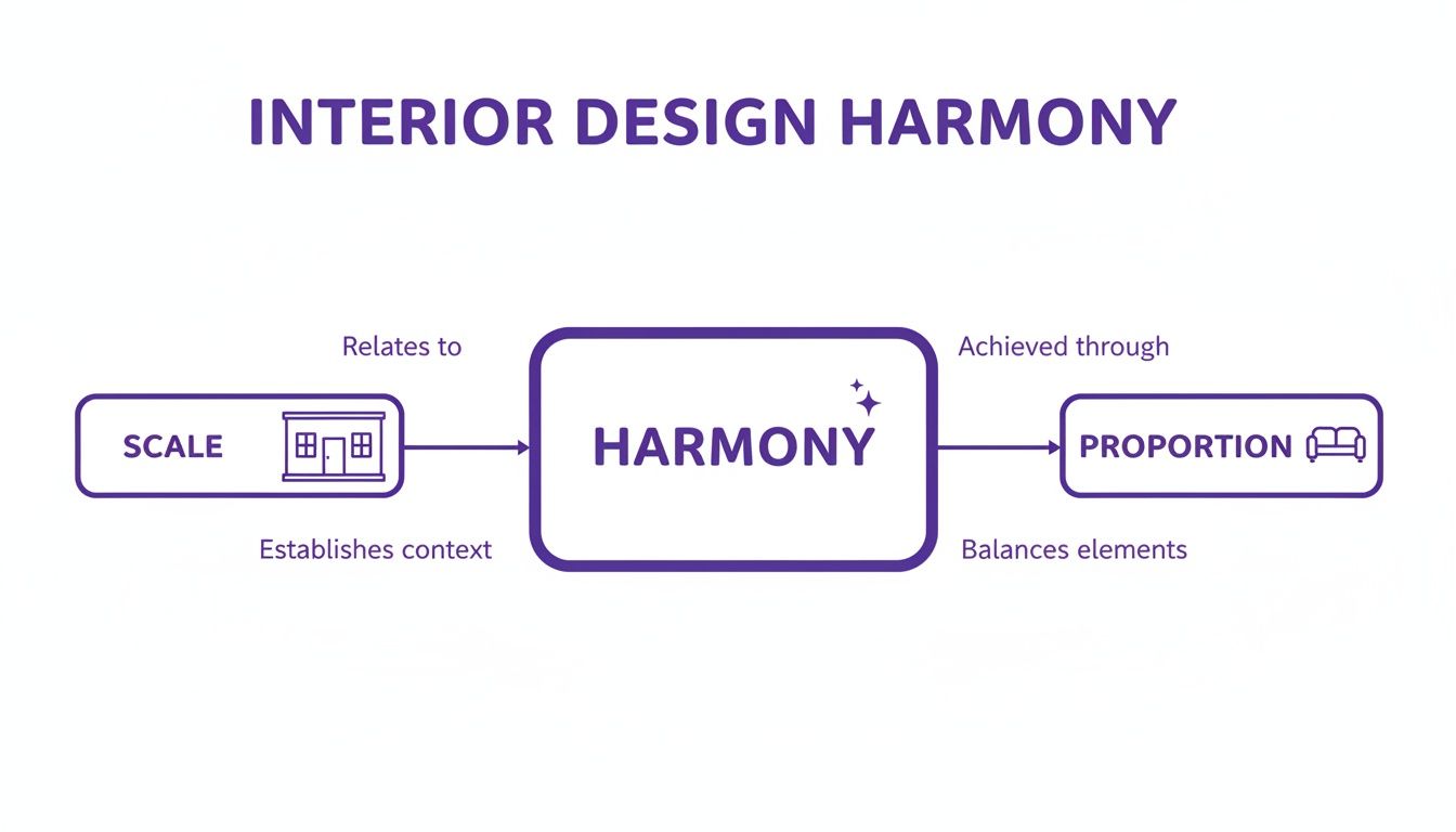 Diagram illustrating interior design harmony, showing it relates to scale and is achieved through proportion.