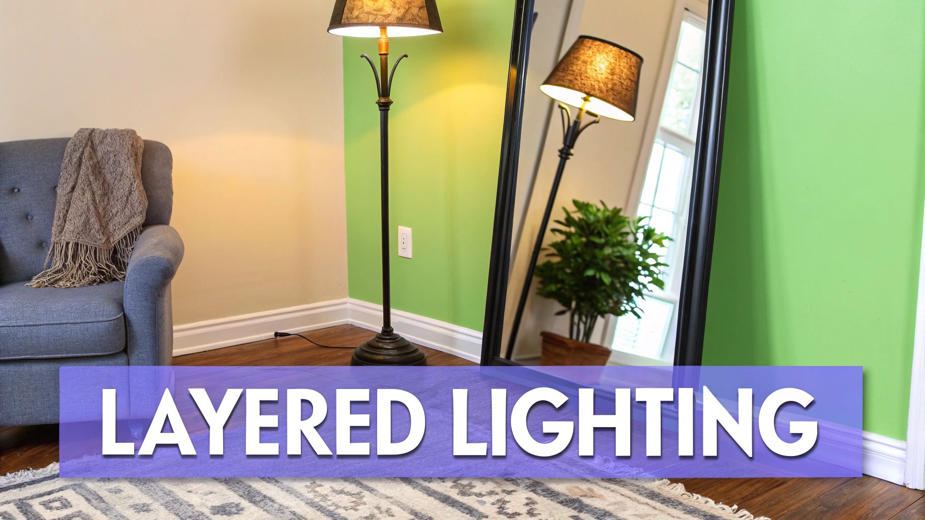 A well-lit living room with layered lighting, including a floor lamp, and decorative accessories on a coffee table.