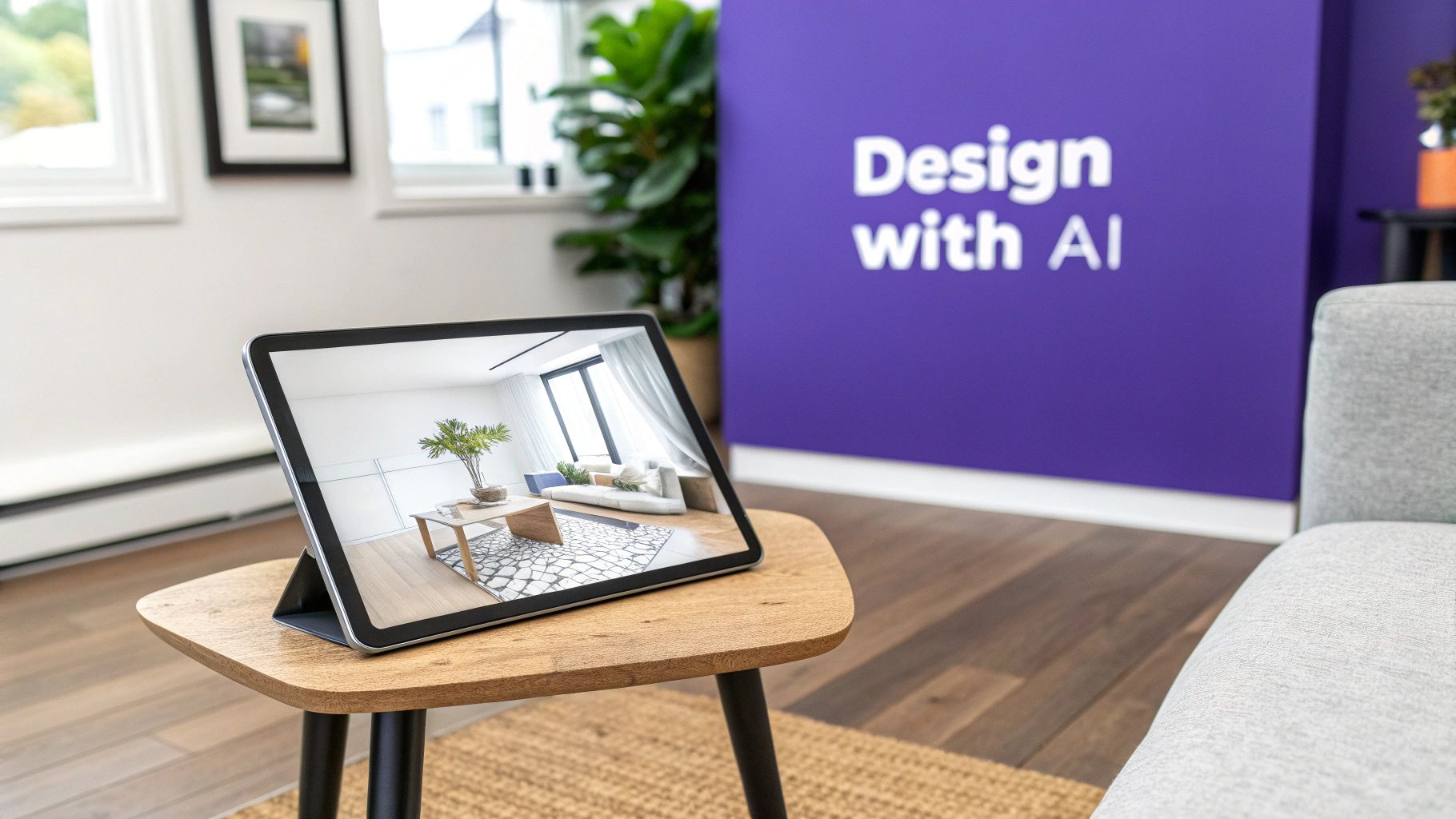 A tablet displays an AI-generated modern living room design on a wooden table, with 'Design with AI' in the background.