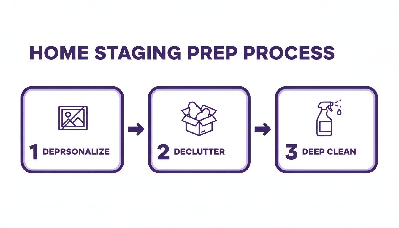 Visual guide outlining the home staging prep process, including depersonalize, declutter, and deep clean steps.