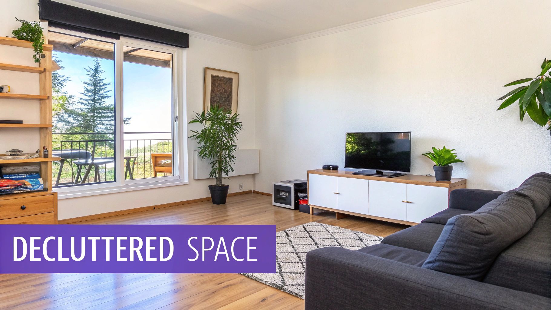 A bright, decluttered living room with a large window, a sofa, and plants.