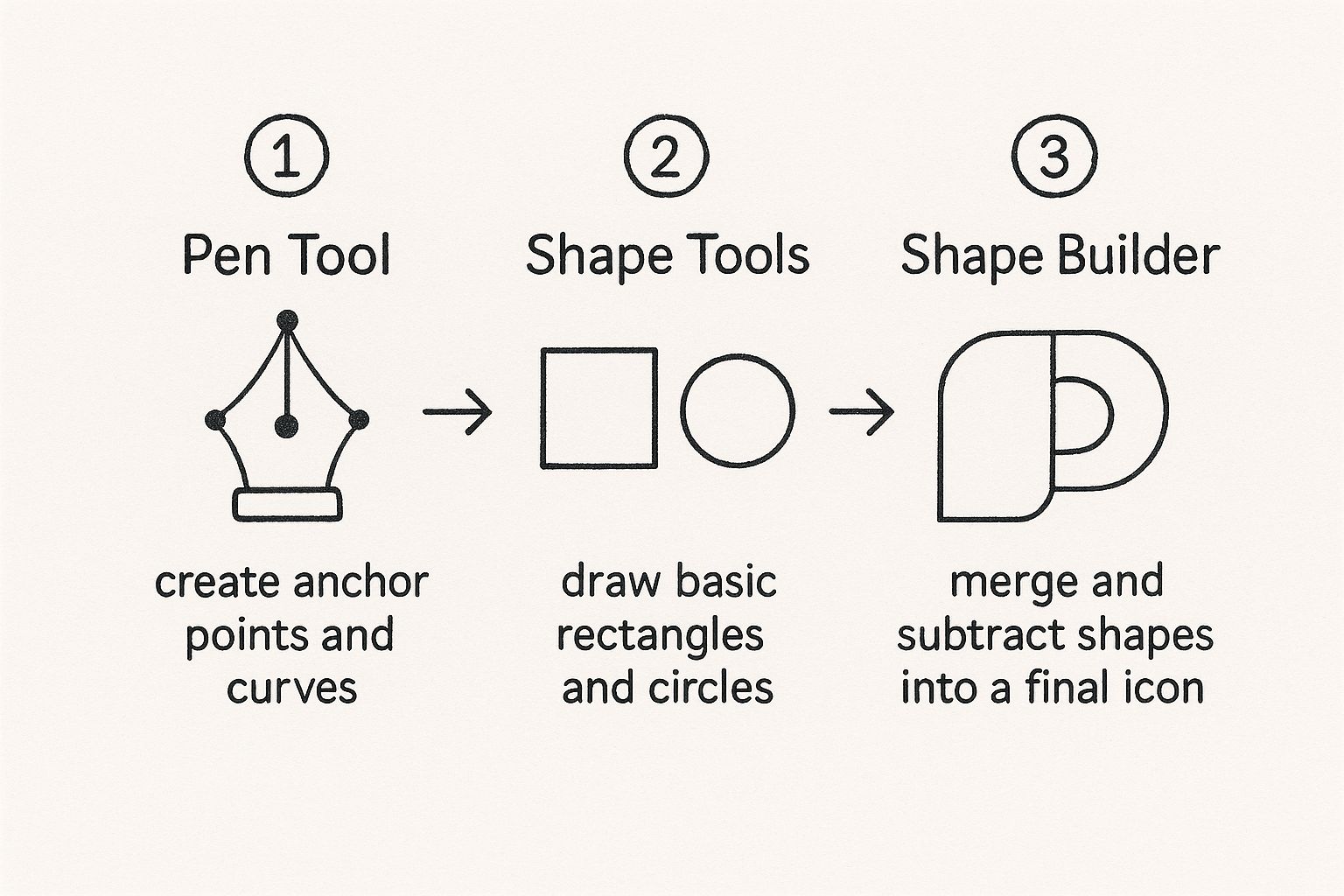Infographic showing the vector creation process: using the Pen Tool for paths, Shape Tools for basic forms, and Shape Builder to combine them into an icon.