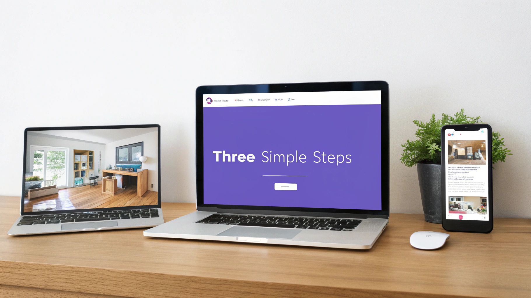 Two laptops and a smartphone displaying website content and interior room designs on a wooden desk.