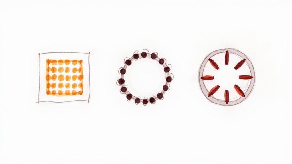 An image showing the visual evolution of the Android app drawer icon from a 3D grid in 2008 to a minimalist circle of dots in modern versions, against a dark, tech-themed background.