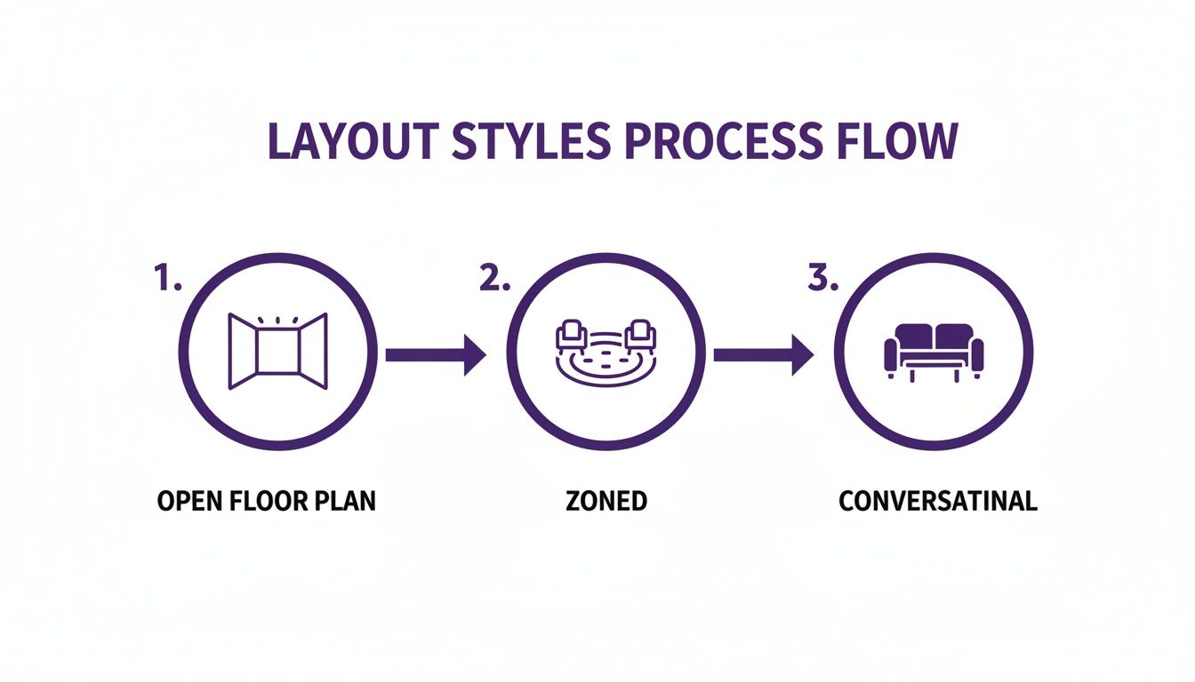 Process flow diagram illustrating three interior layout styles: open floor plan, zoned, and conversational.