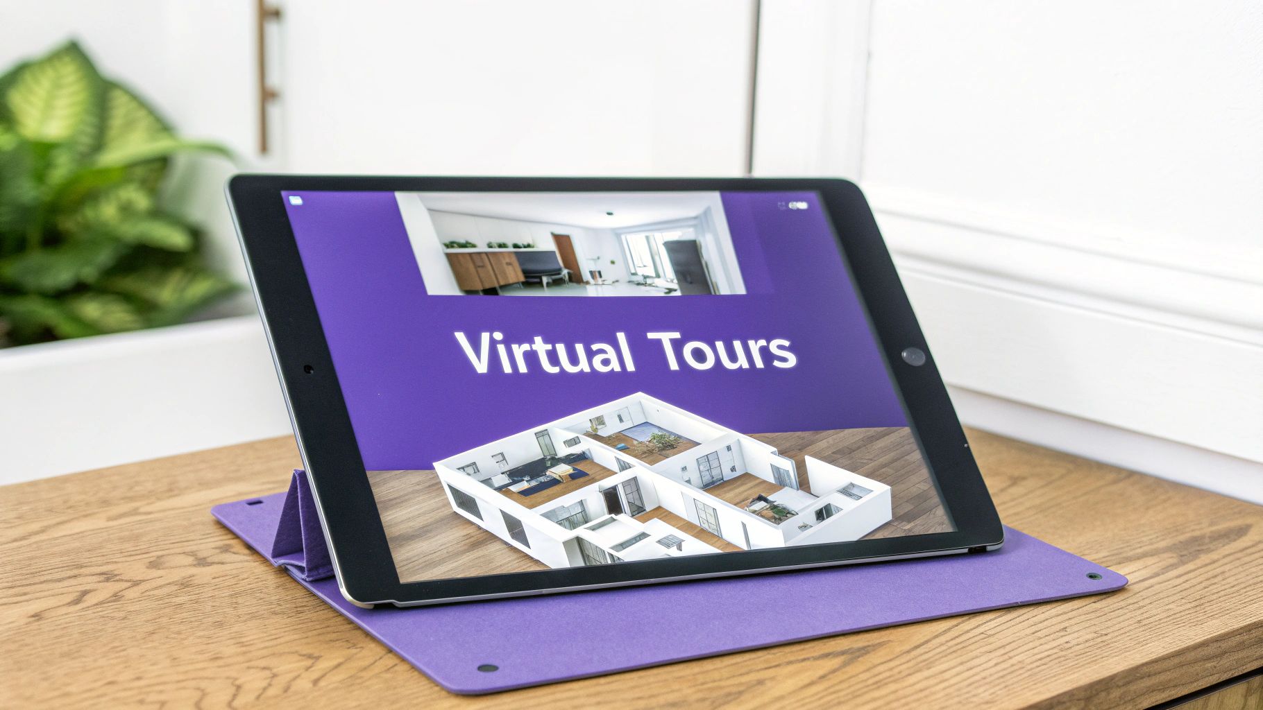 A virtually staged modern living room with a sleek sofa and large windows letting in natural light.