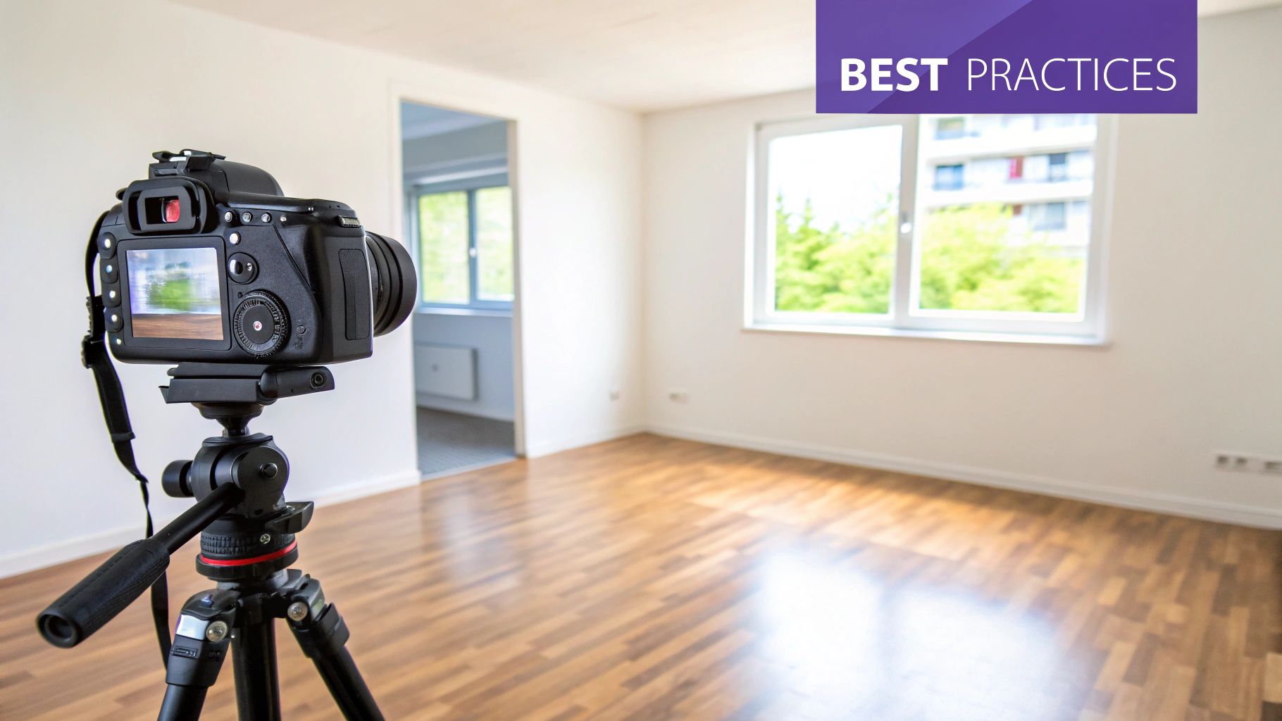 A camera on a tripod ready to photograph an empty room with wooden floors and a window.