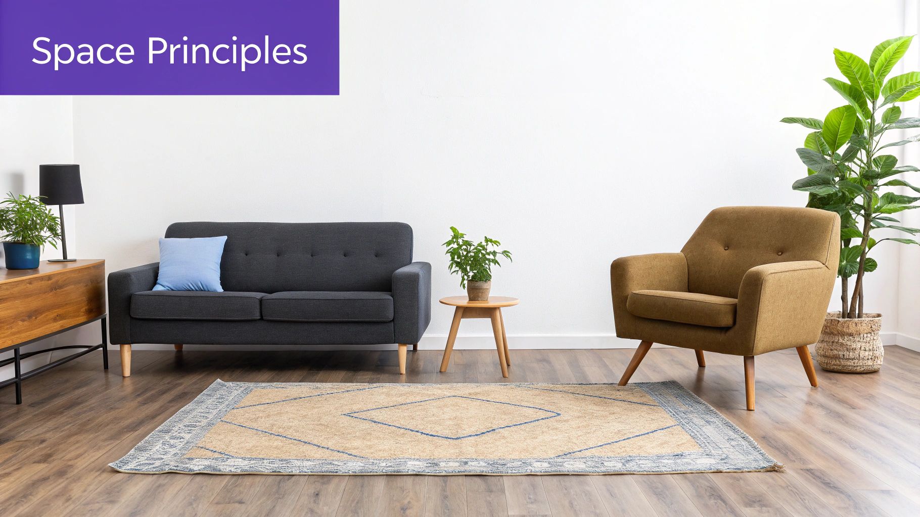 A modern, well-arranged living room with a grey sofa, brown armchair, plants, and a patterned rug.