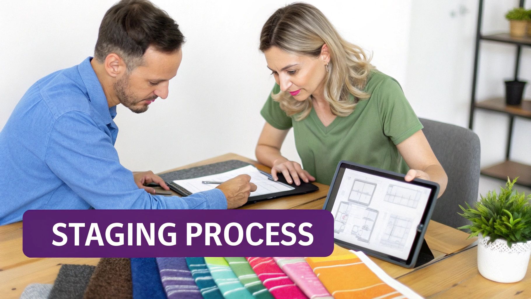 Two professional house stagers discussing design plans and material samples during a consultation.