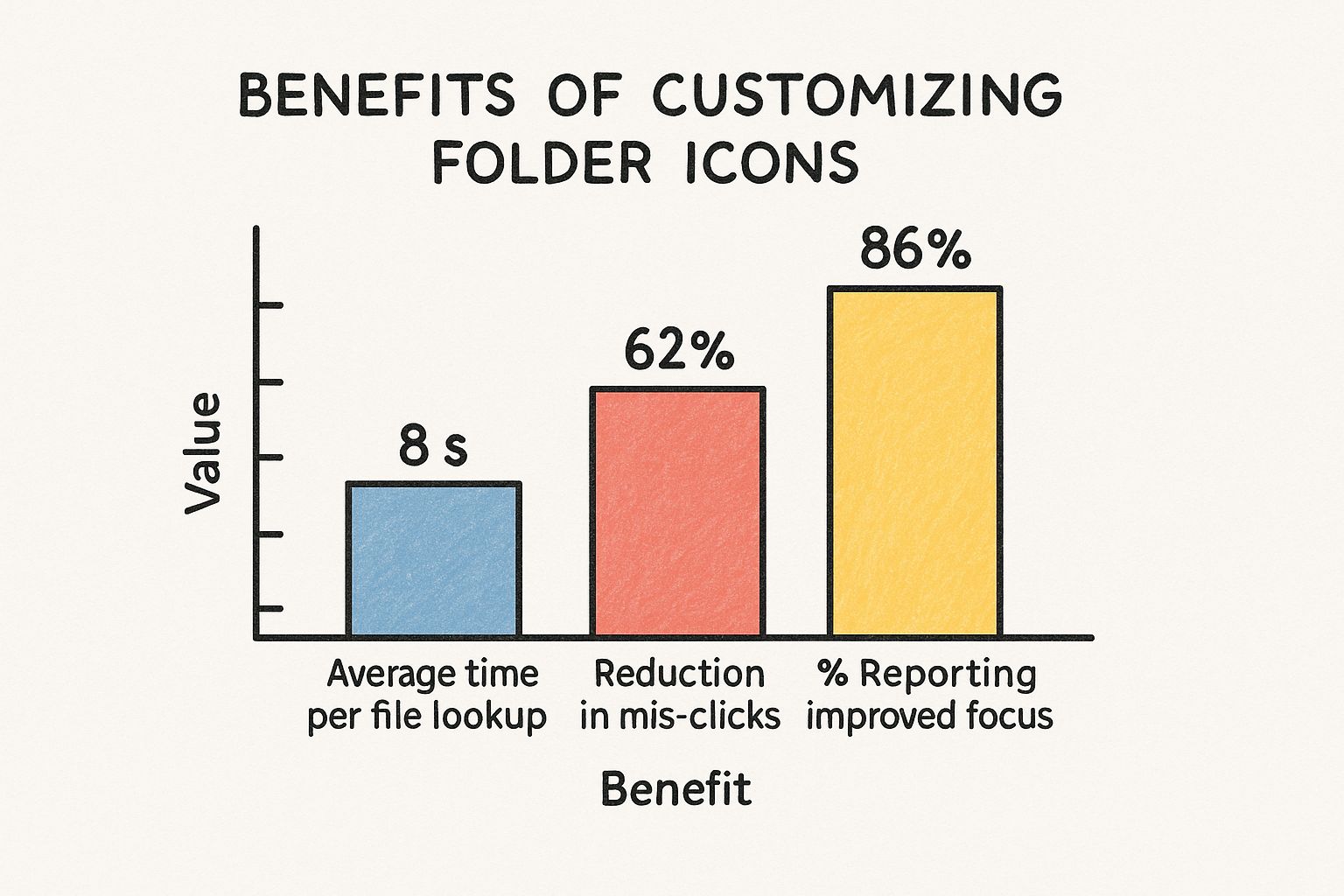 Infographic showing the benefits of custom folder icons, including time saved, reduced mis-clicks, and improved focus.