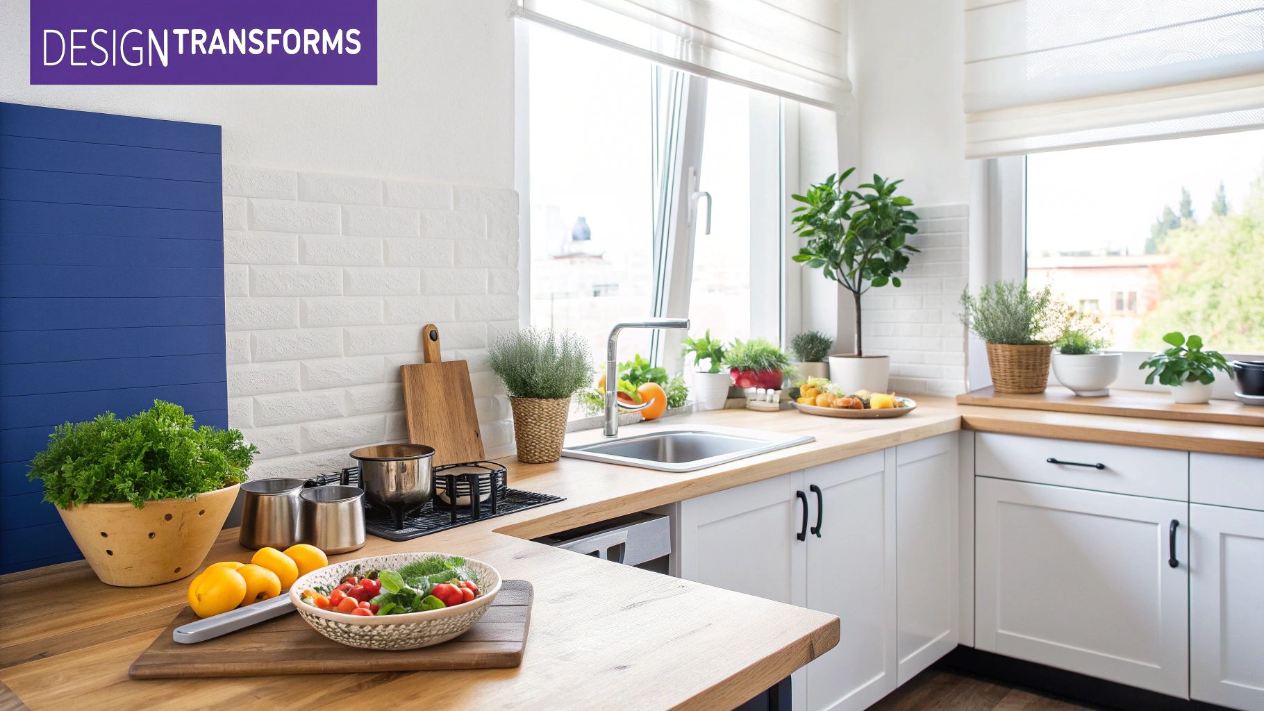Bright, airy kitchen featuring white subway tile backsplash, wood countertops, and fresh green plants.