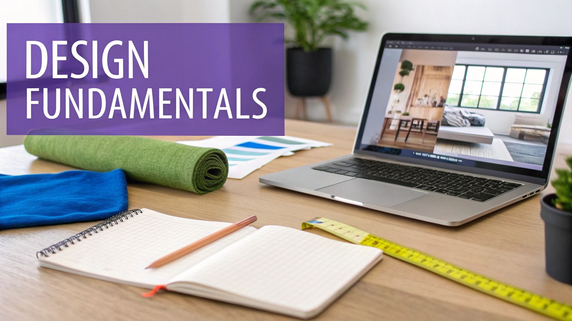 A desk with a laptop displaying interior design concepts, fabrics, a notebook, and a measuring tape.