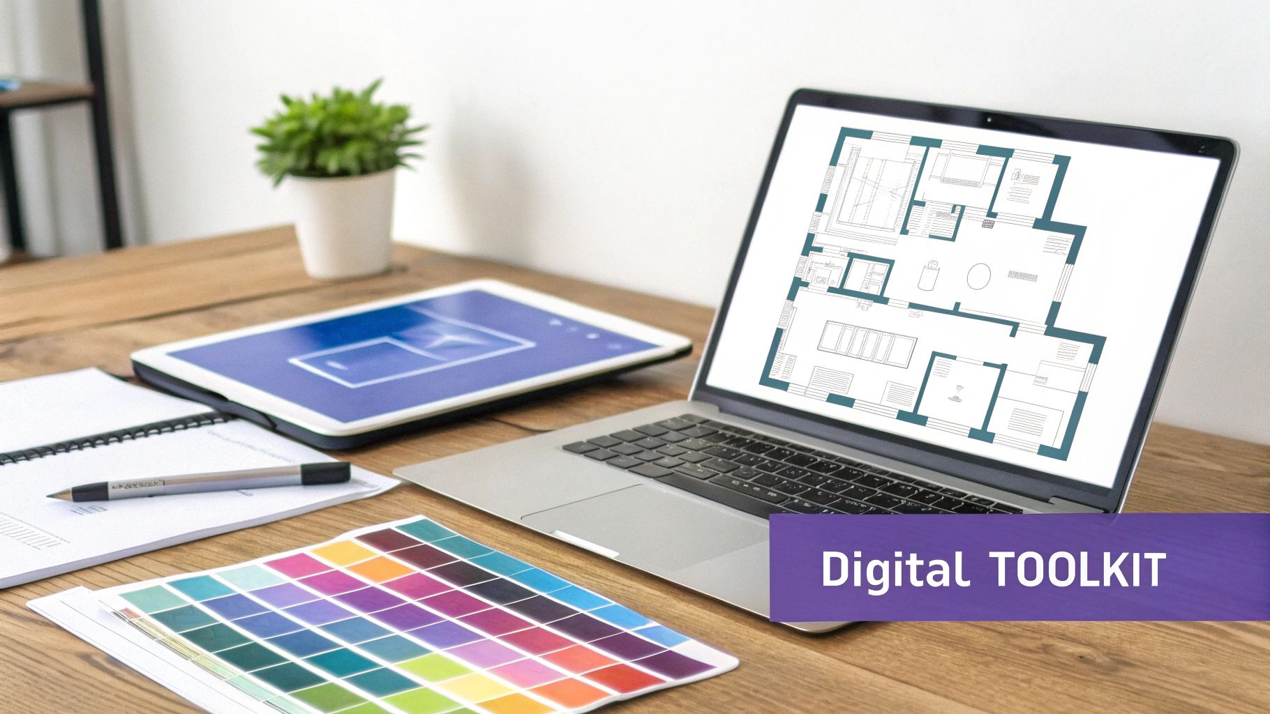 Laptop displaying floor plan blueprint with tablet, color swatches, and digital toolkit label on desk
