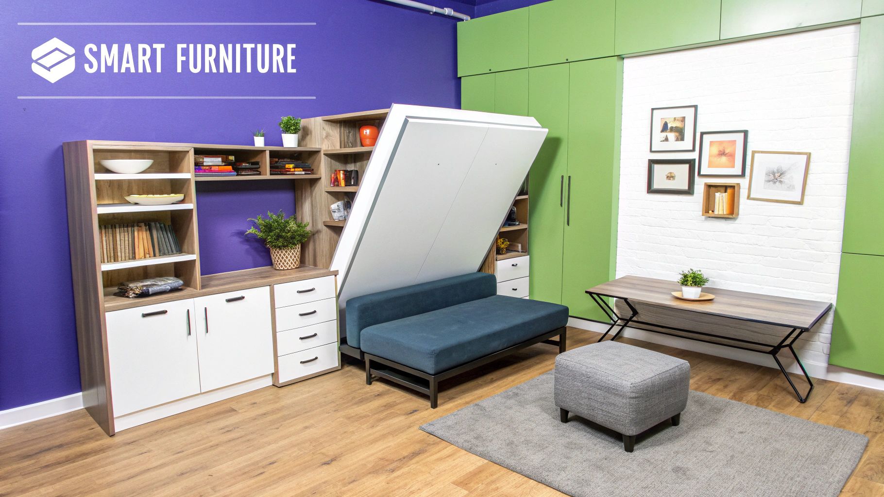 A small loft with purple and green walls, featuring smart furniture like a murphy bed with a sofa and integrated storage units.