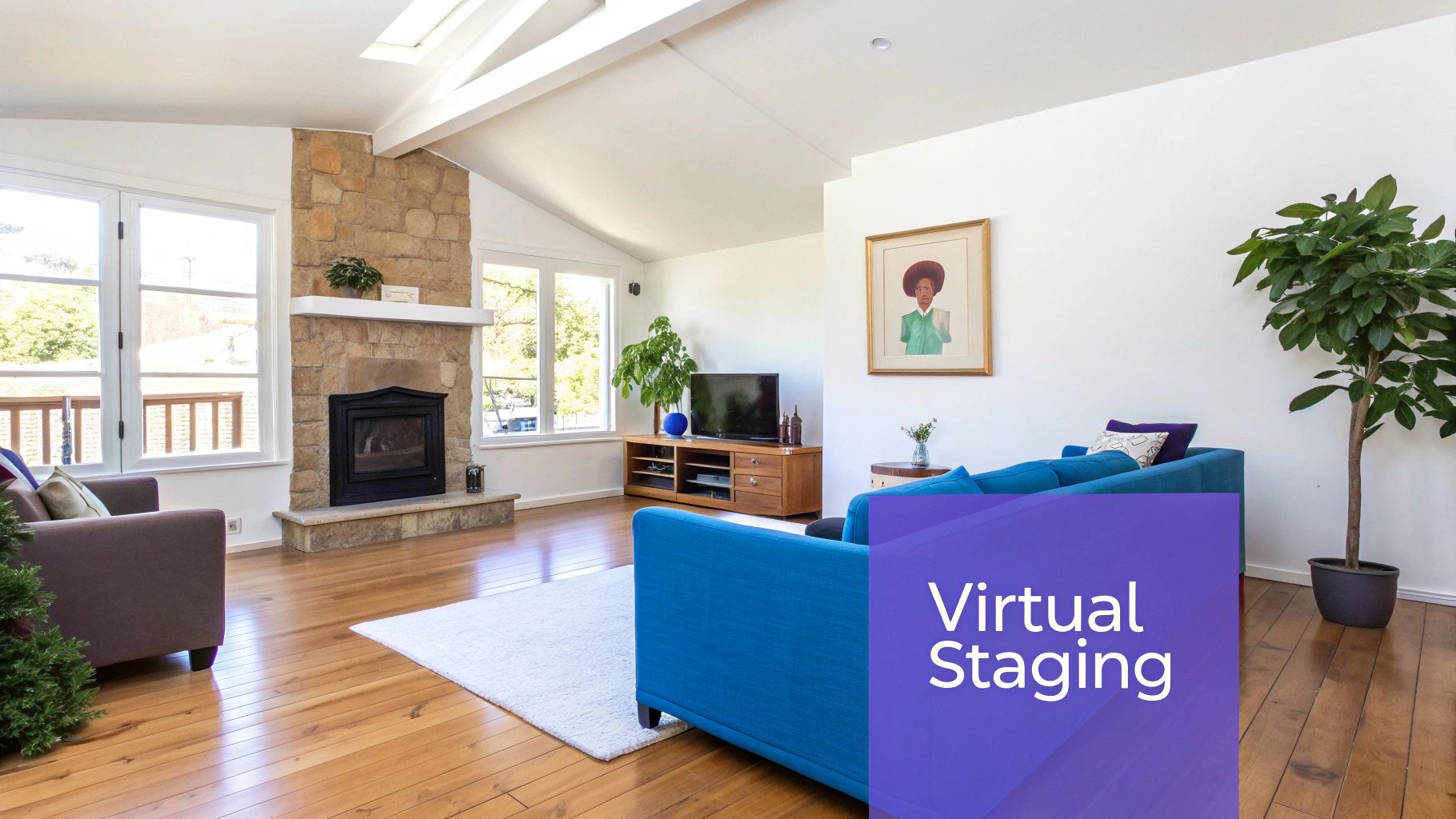 A spacious living room featuring a stone fireplace, light wood floors, and contemporary furniture.