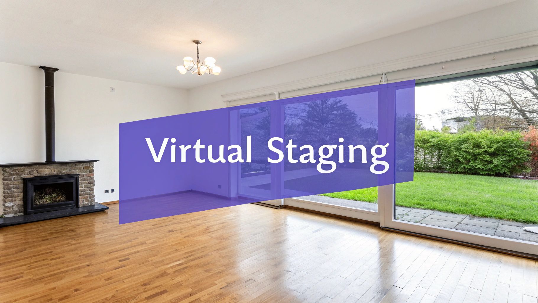 An empty room with a fireplace and glass doors, overlaid with 'Virtual Staging' text.