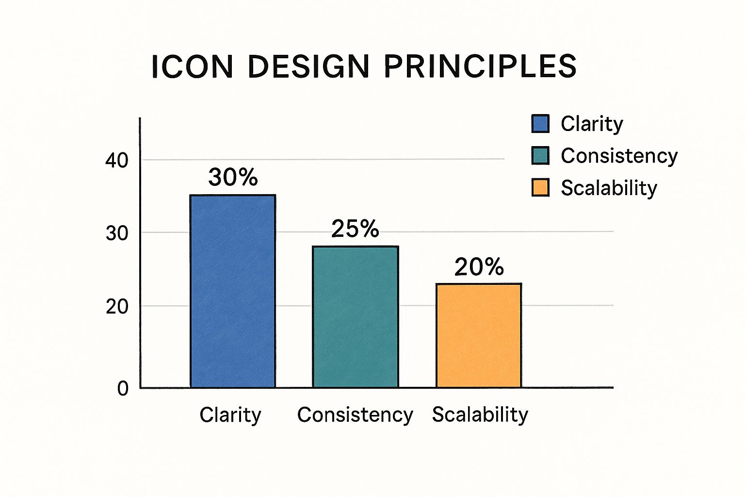 Infographic bar chart showing the priority of design principles with Clarity at 30%, Consistency at 25%, and Scalability at 20%.
