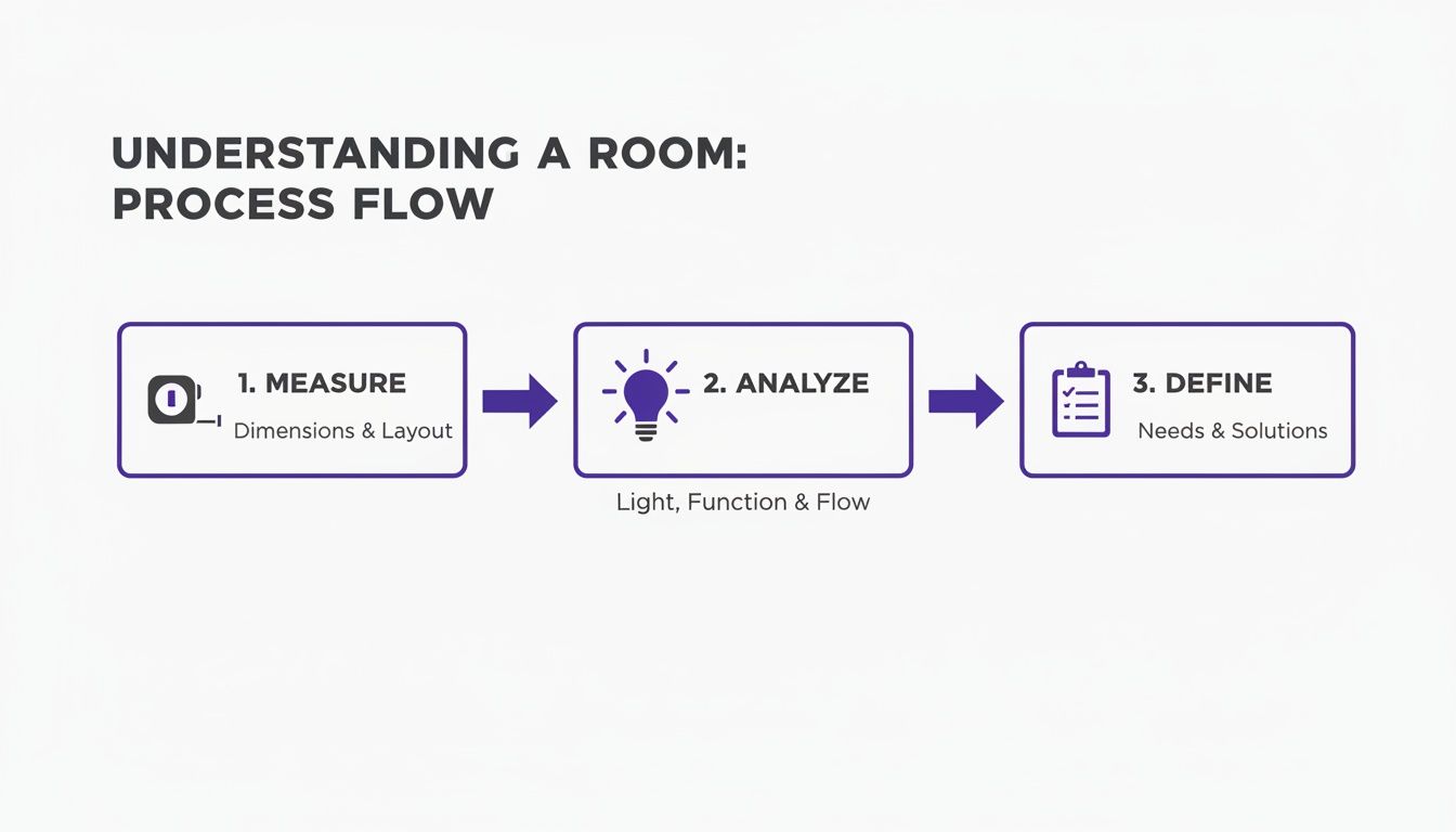 A process flow diagram outlining three steps: Measure, Analyze, and Define for understanding a room.