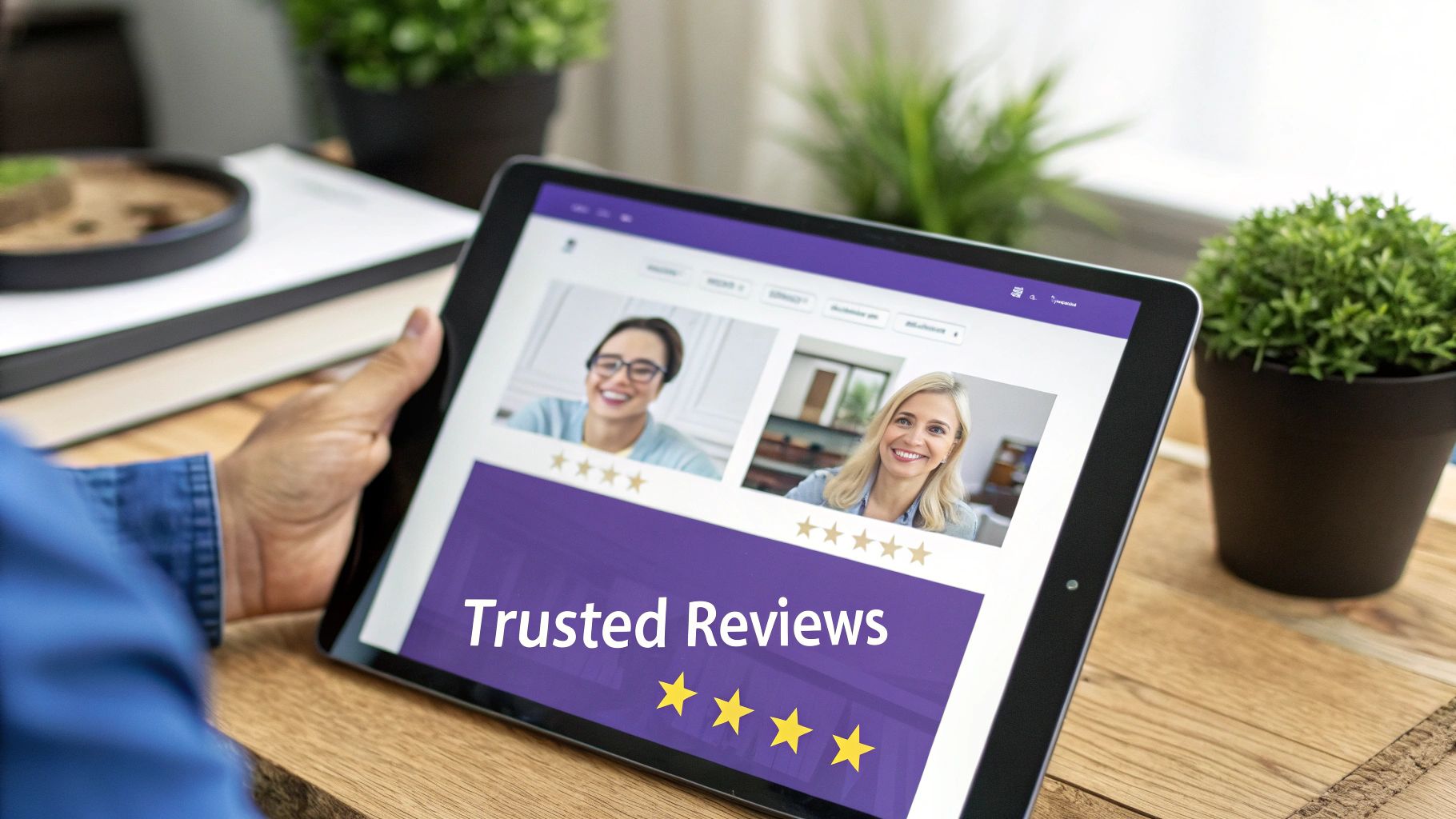 A customer happily unboxing a product, surrounded by positive review icons and trust badges, creating a sense of security and satisfaction.