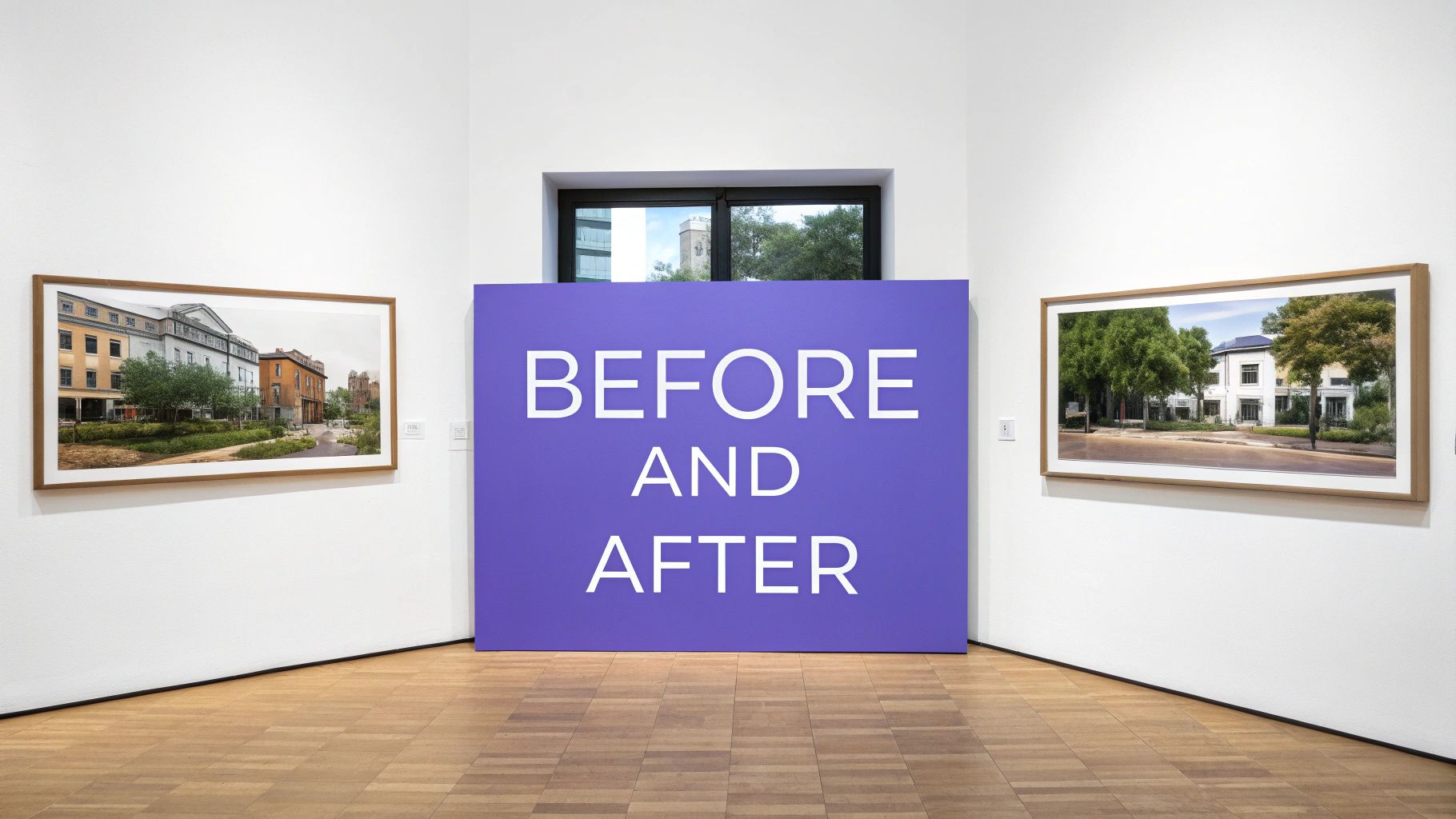 An art gallery with a large purple 'BEFORE AND AFTER' sign and two framed architectural photos.