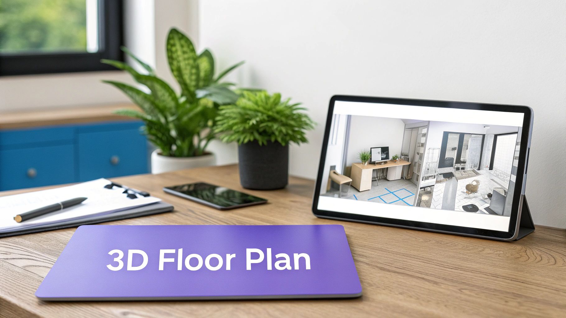 A desk with a tablet displaying a 3D floor plan and a sign, surrounded by plants.