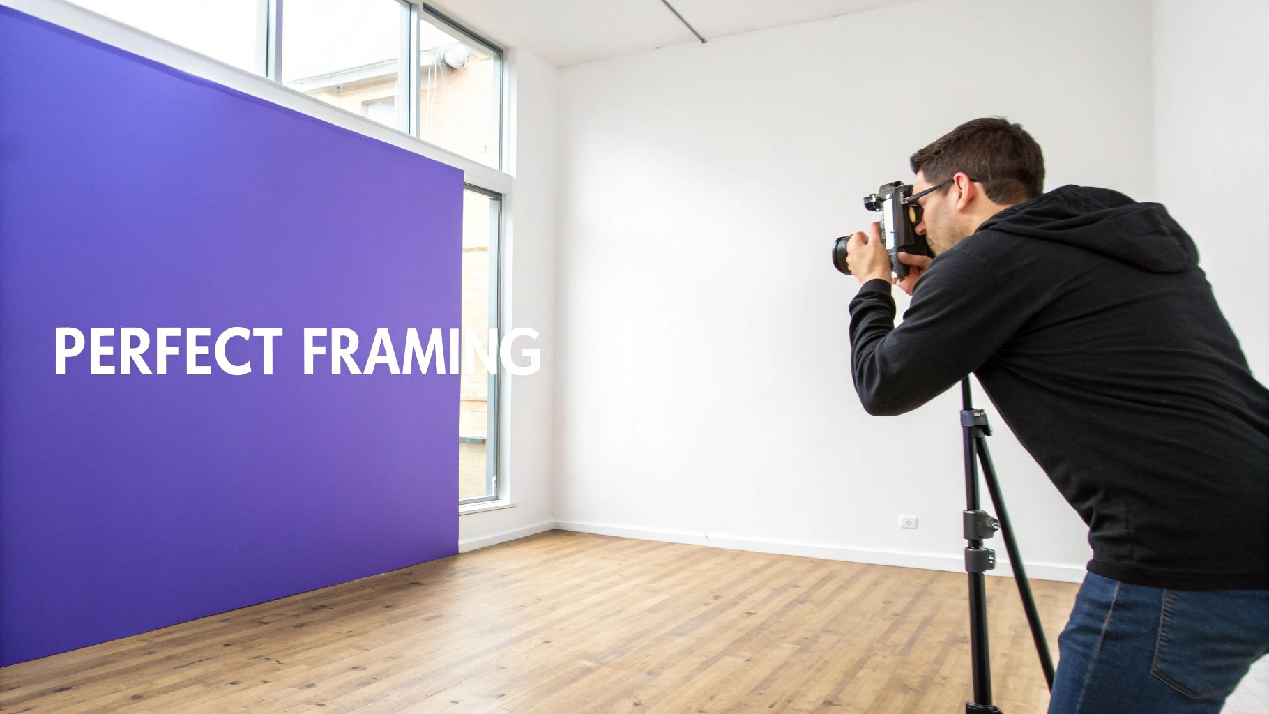 Professional photographer taking pictures in empty room with purple accent wall and wooden floor