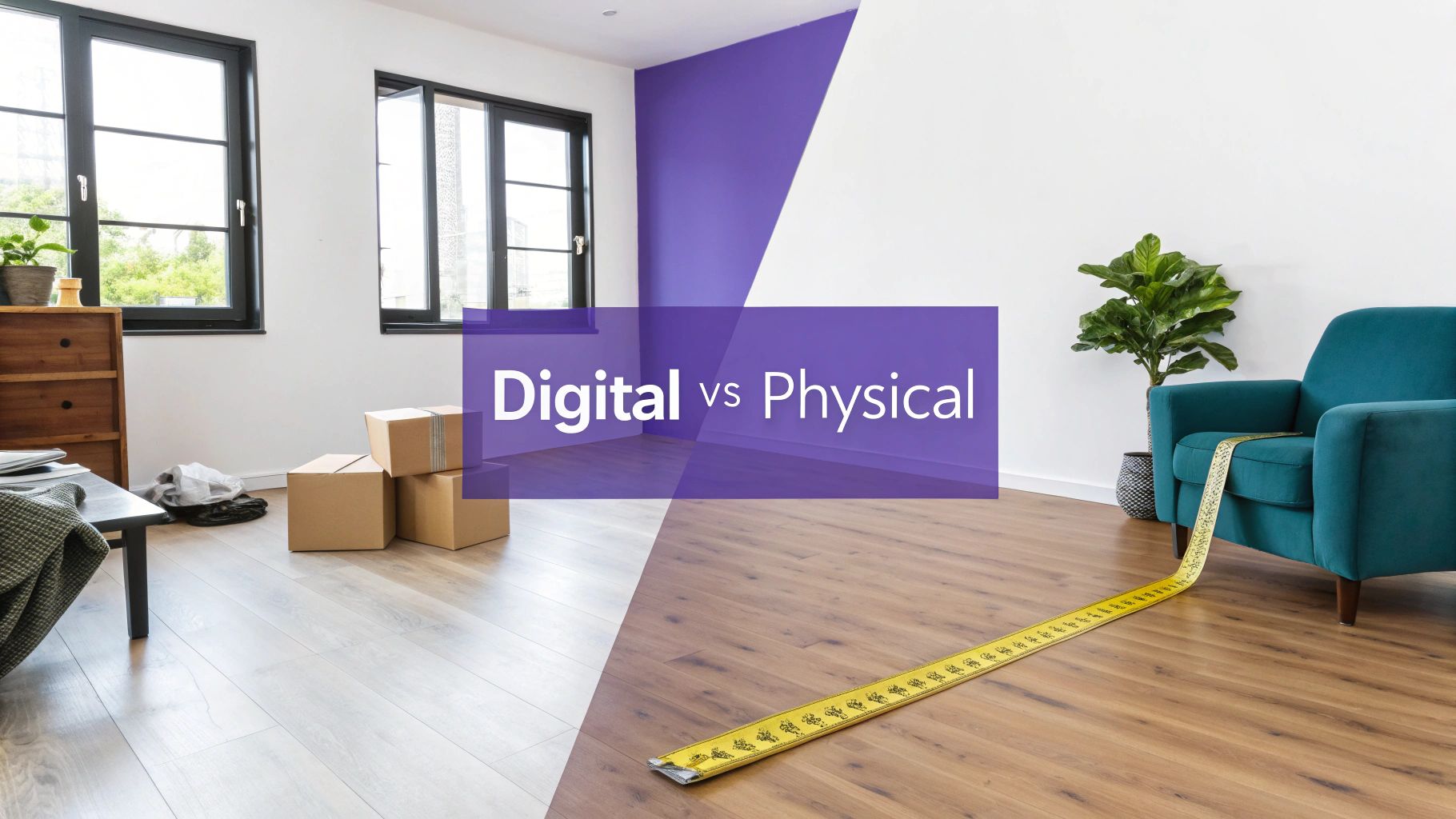 A room split into two halves, one with boxes and the other with furniture and a measuring tape, illustrating 'Digital vs Physical'.