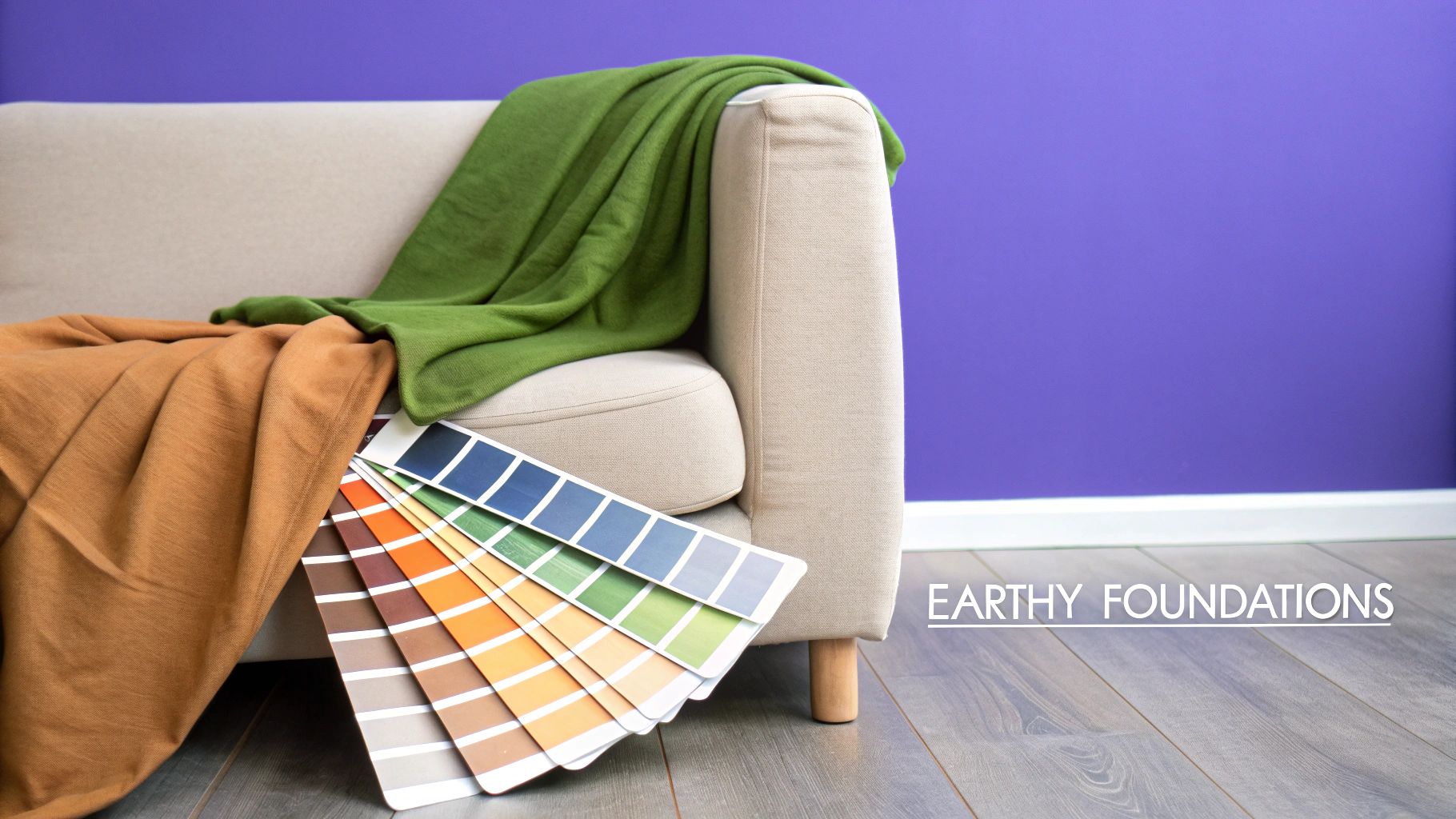 Earthy toned blankets and color swatches on a beige couch, ready for interior design planning.