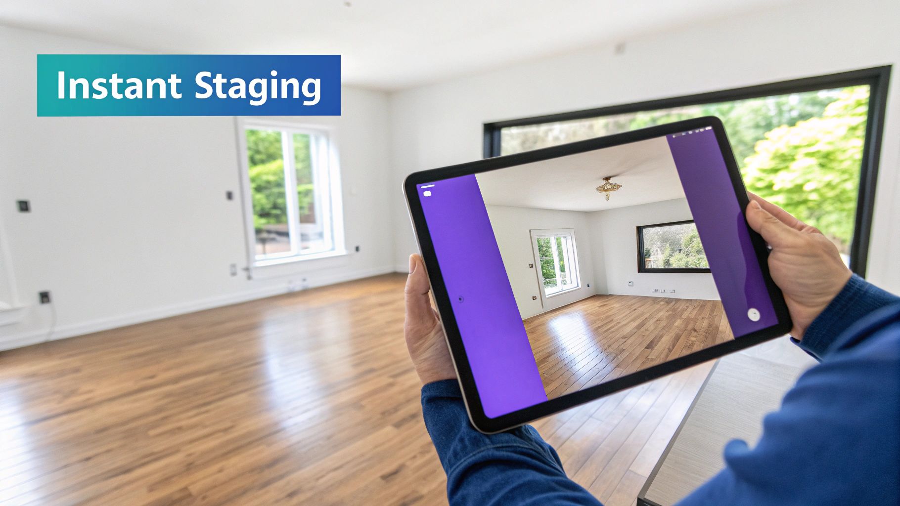 A hyper-realistic, virtually staged room created by AI, showing a West Elm sofa.