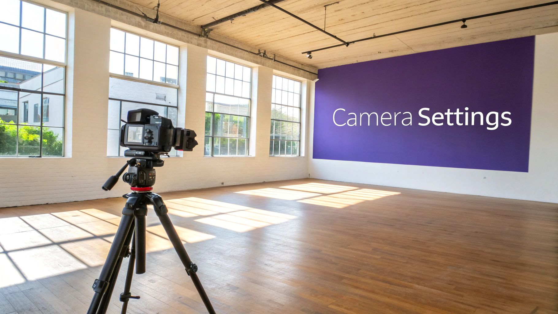 A professional camera on a tripod in an empty studio with a purple wall saying 'Camera Settings' and large windows.