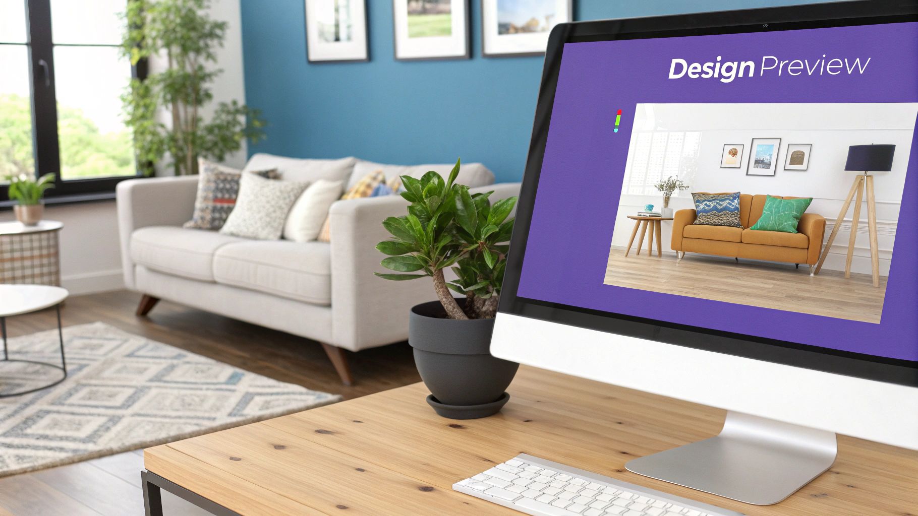 A hyper-realistic interior design rendering of a modern living room with large windows.