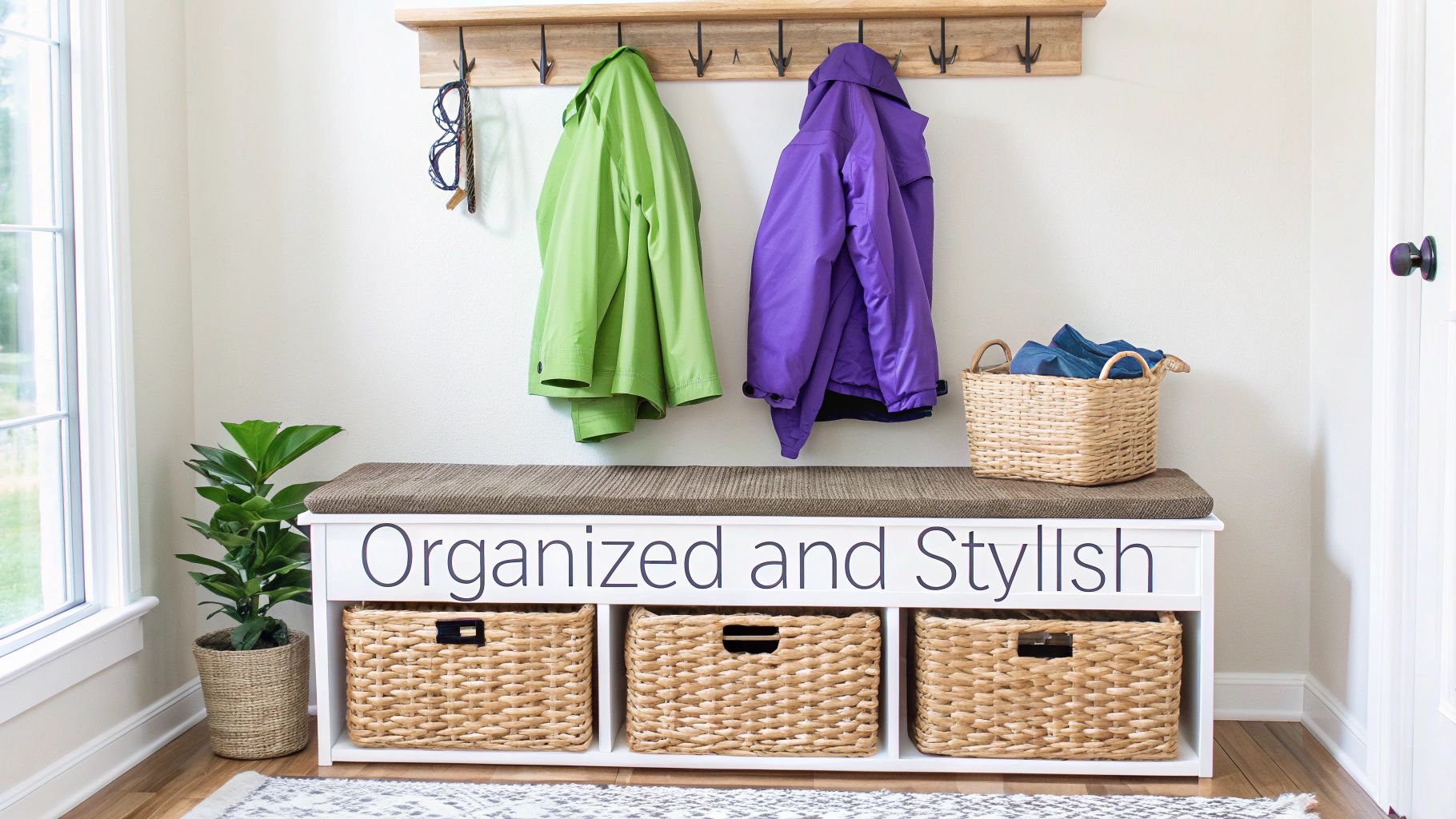 A stylish mudroom features a white bench with a brown cushion, wicker baskets, and a wooden coat rack with hanging jackets.