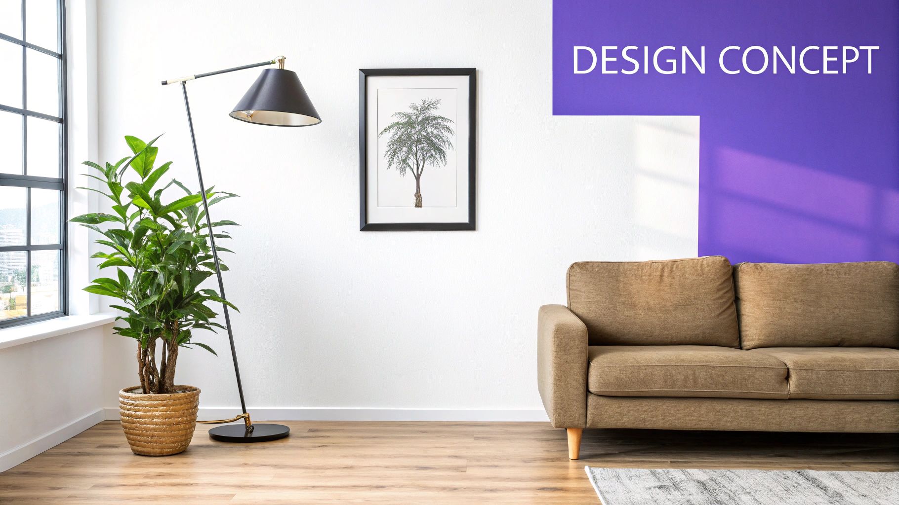 A bright living room featuring a green plant, floor lamp, tree art, and brown sofa, illustrating a design concept.