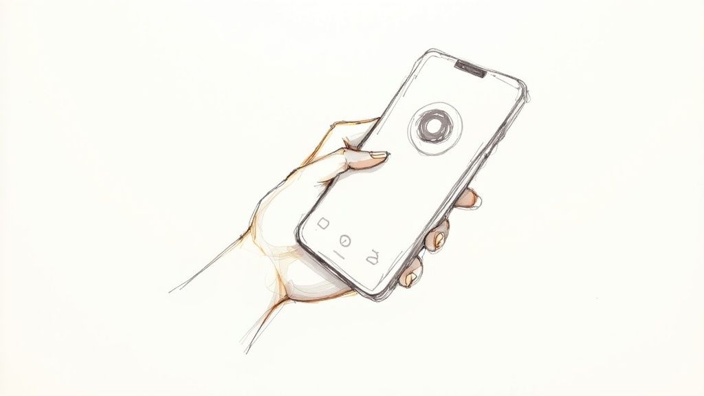 An overhead shot of a person's thumb interacting with a smartphone, showing the easy-to-reach zone at the bottom of the screen where the app drawer icon is typically located.