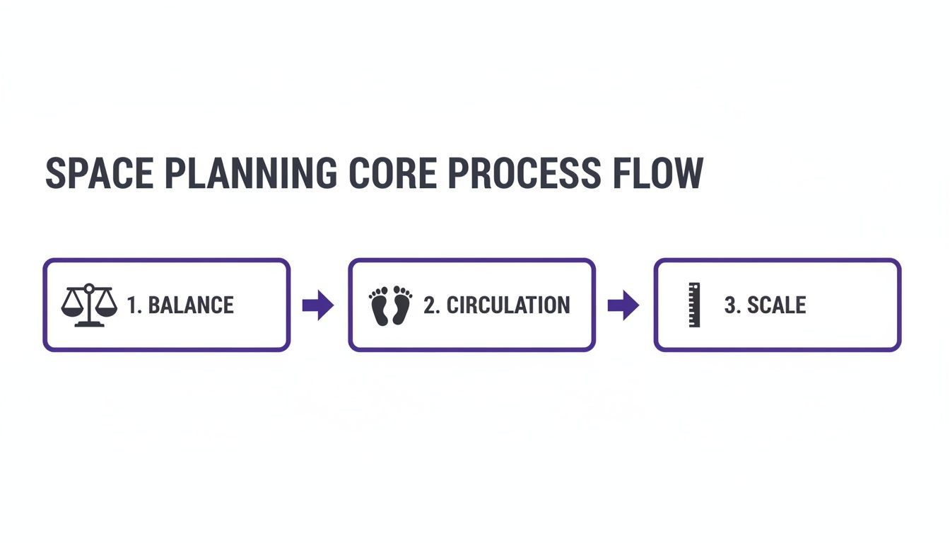 Flowchart illustrating the three core steps of space planning: Balance, Circulation, and Scale, each with an icon.