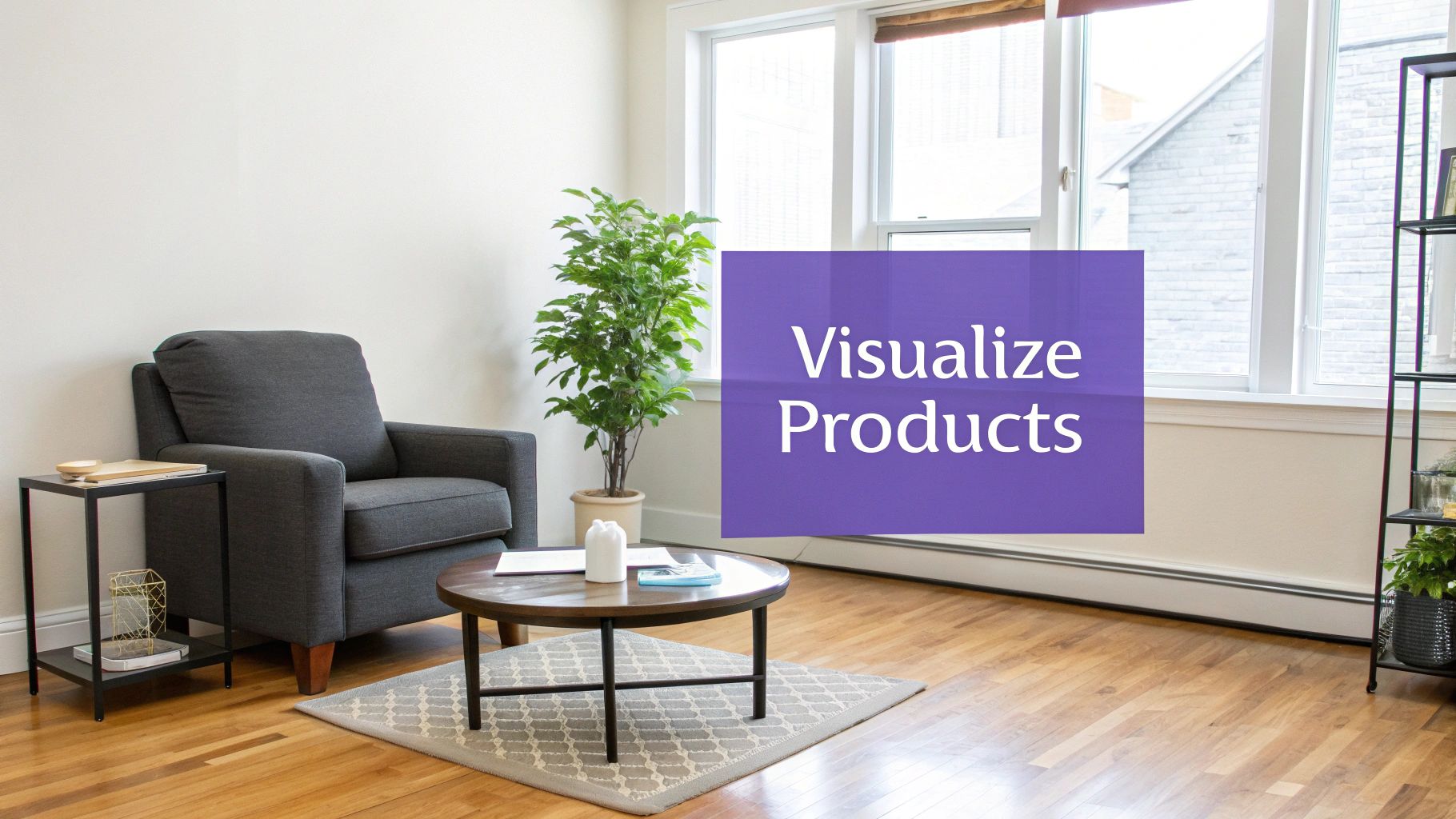 A bright living room featuring a grey armchair, coffee table, potted plant, and large windows.