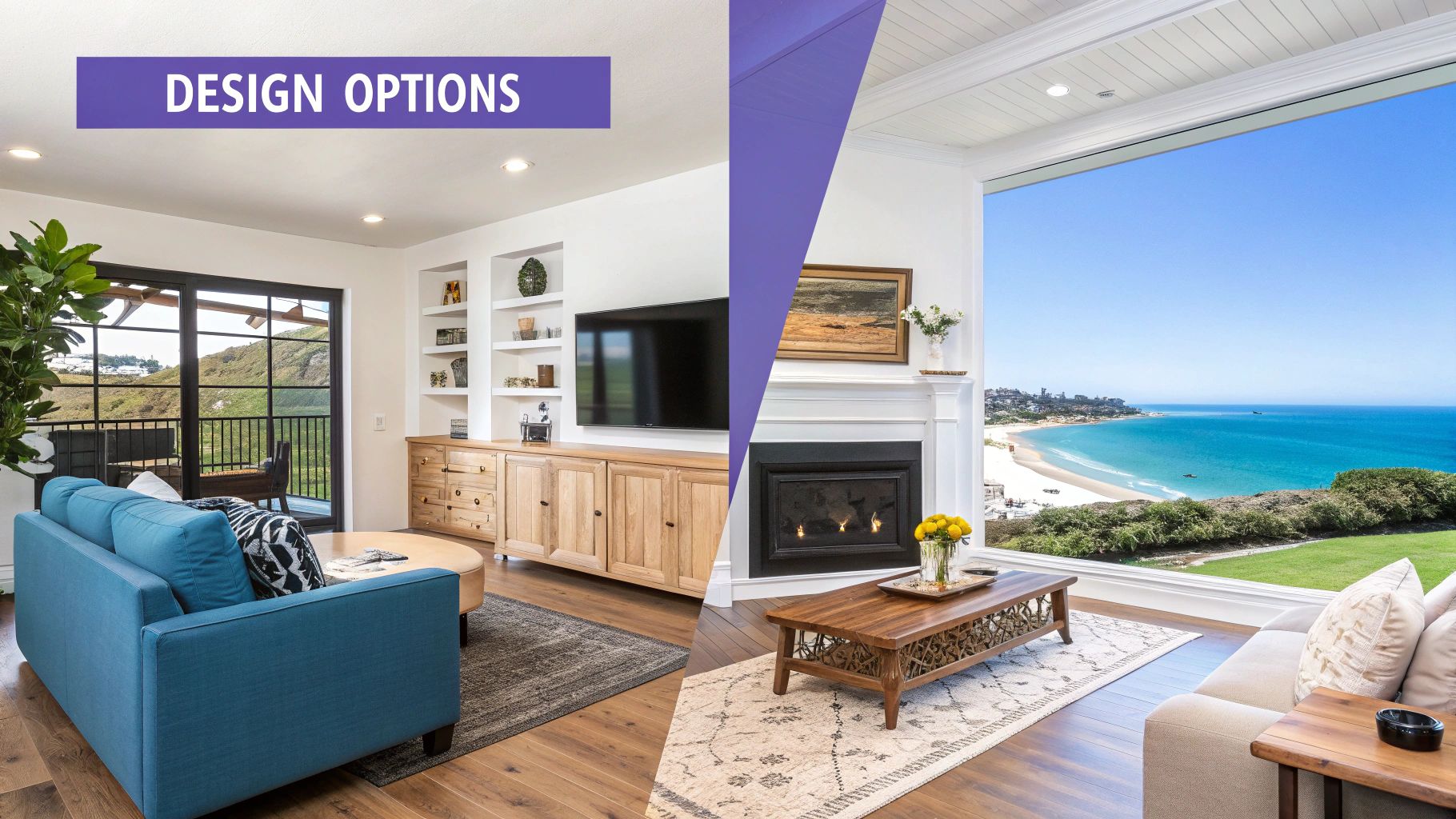 Split image showing two different living room design options, one with a mountain view and another with an ocean view.