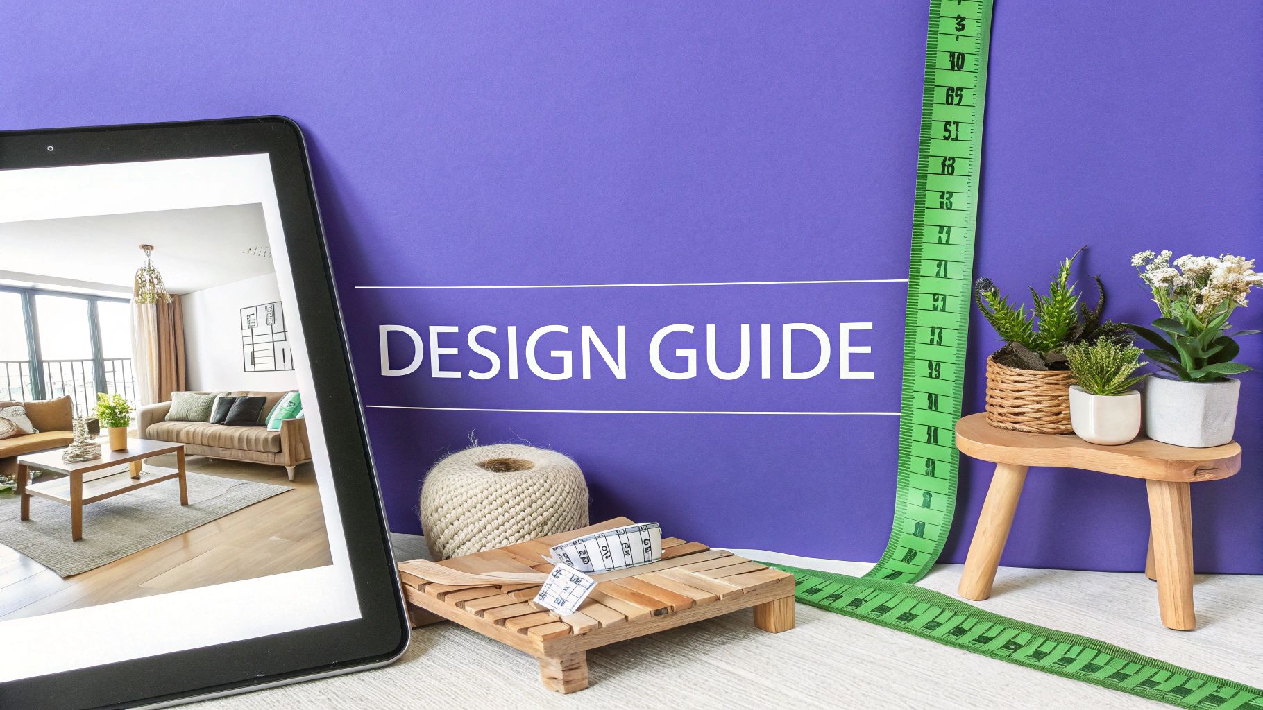 A tablet showing a modern living room design, with 'DESIGN GUIDE' text, measuring tape, and plants.