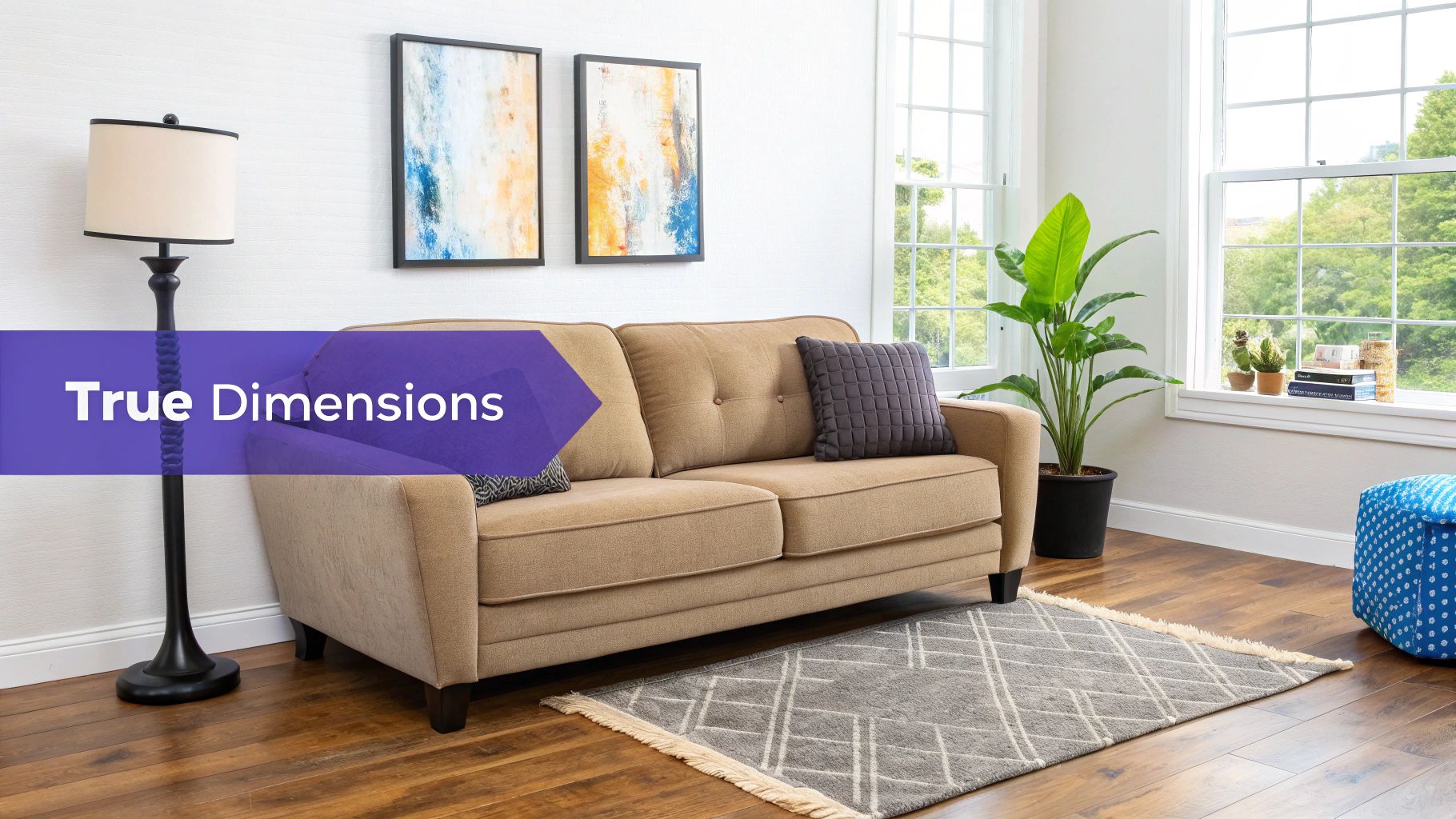 A hyper-realistic AI-generated image showing a perfectly scaled sofa in a living room, highlighting the importance of true dimensions.