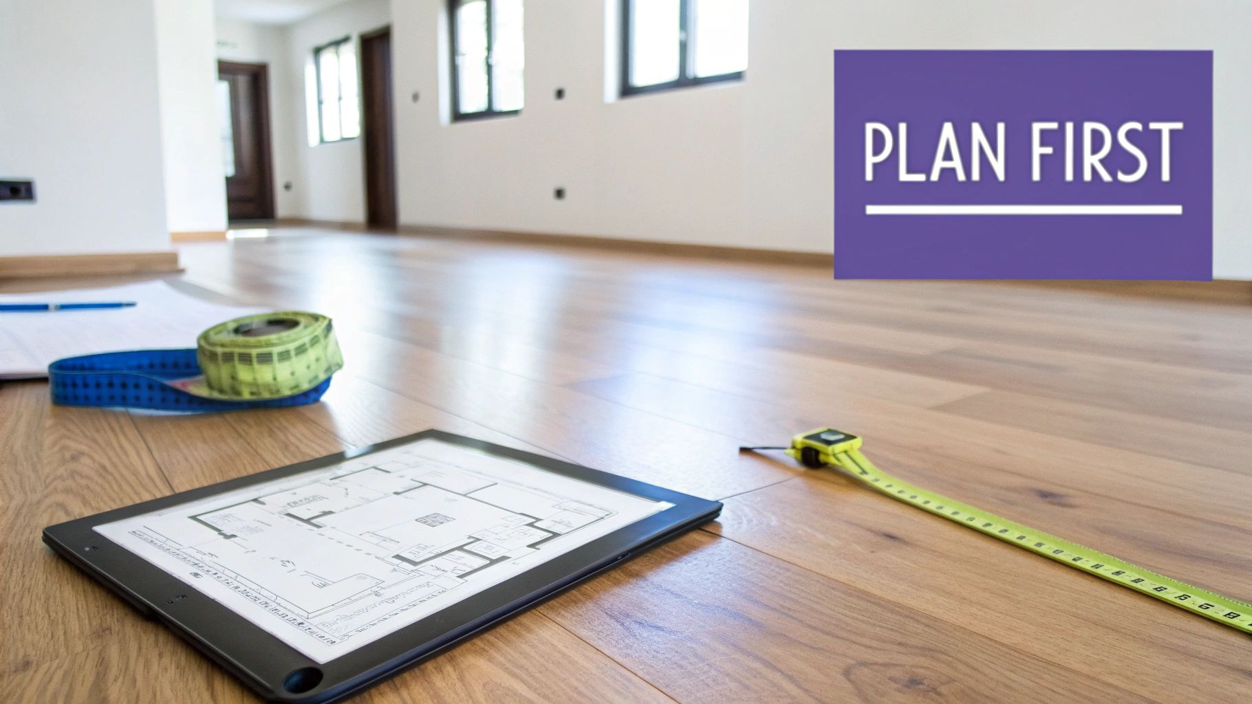 A tablet with a floor plan, measuring tapes, and a pen on a wooden floor in an empty room, emphasizing planning.