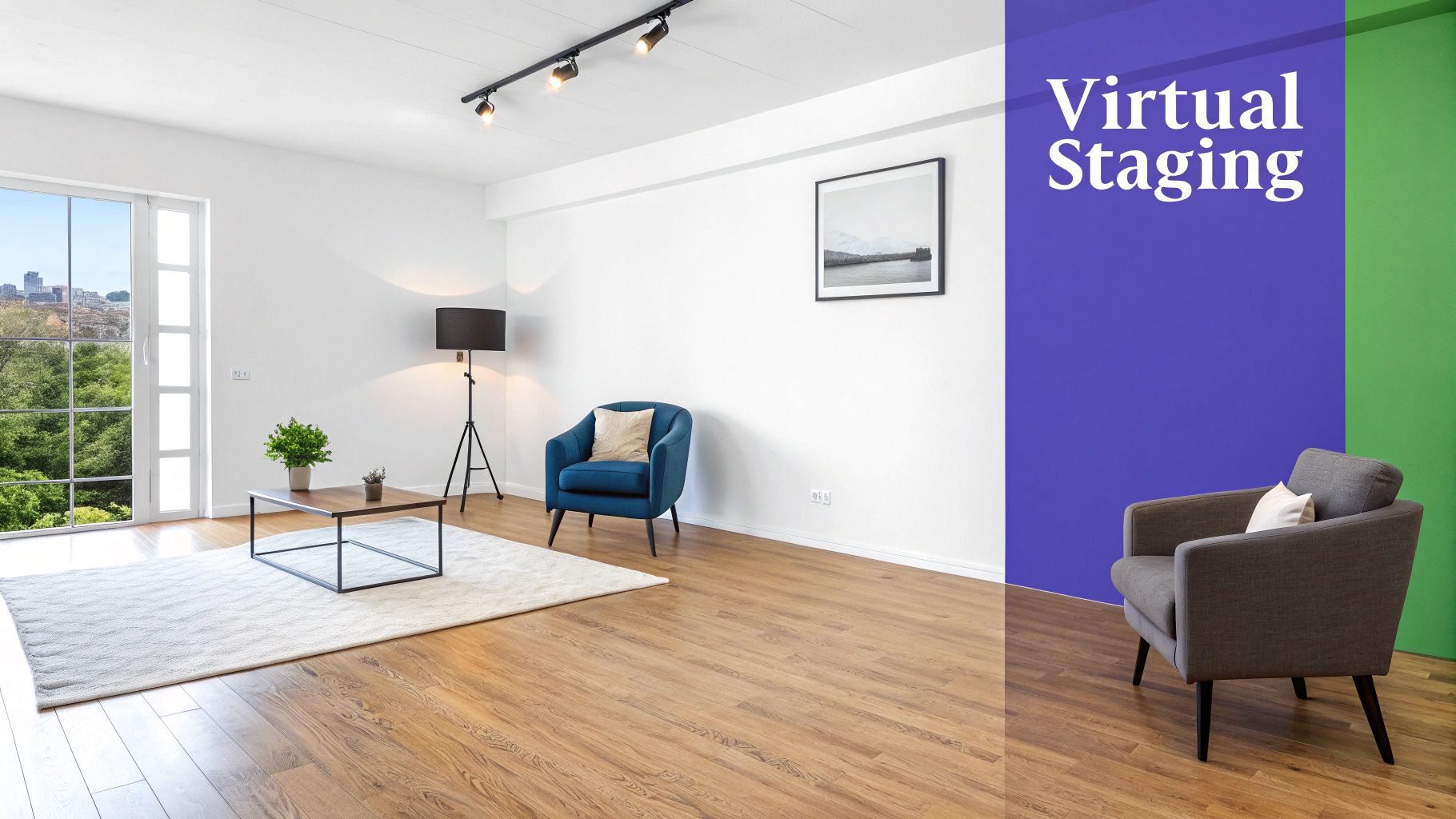 Bright, modern living room with a blue armchair, coffee table, and track lighting, partially covered by "Virtual Staging" text.