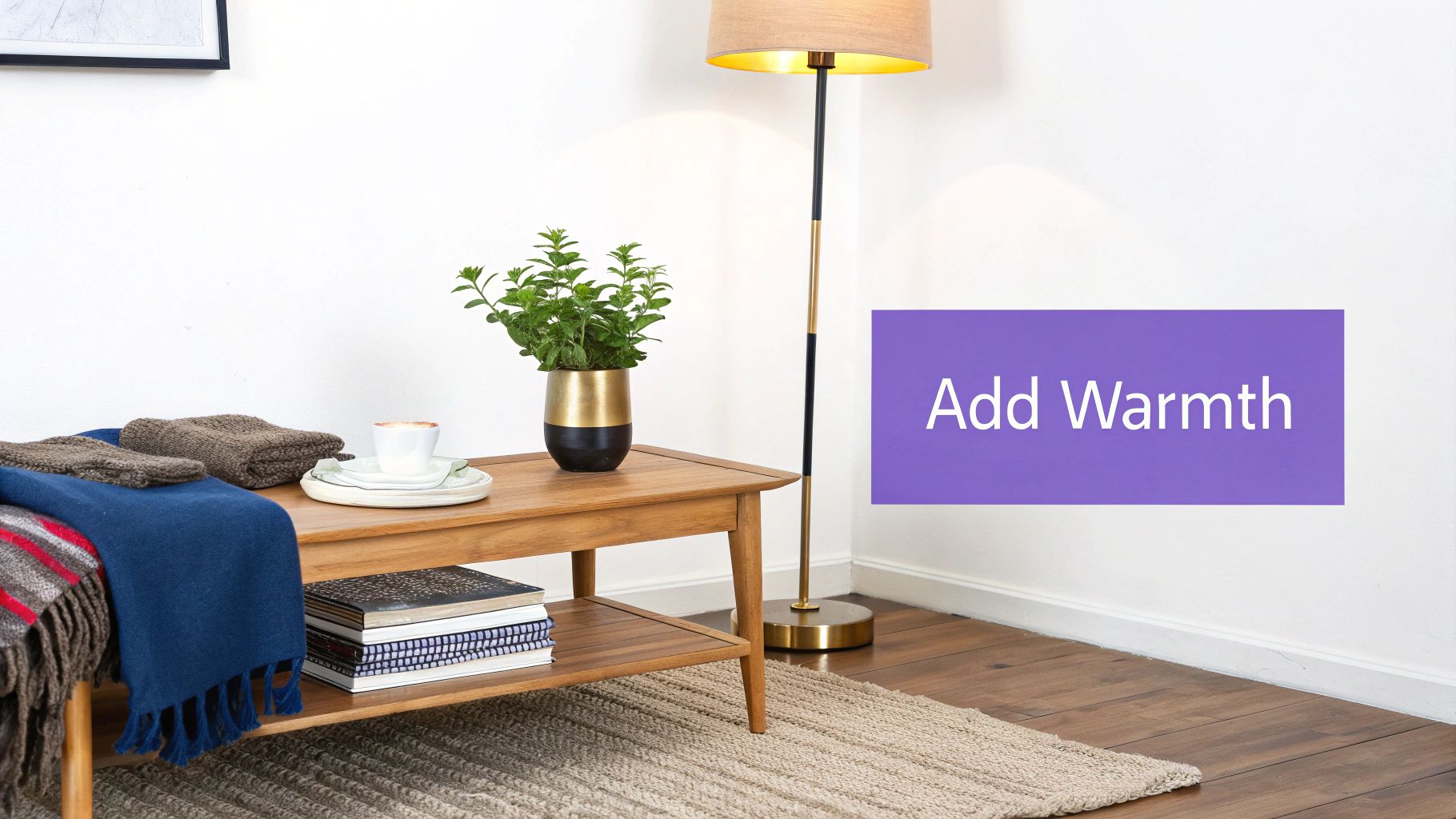 A cozy living room scene with a wooden coffee table, plant, warm blankets, and a floor lamp.
