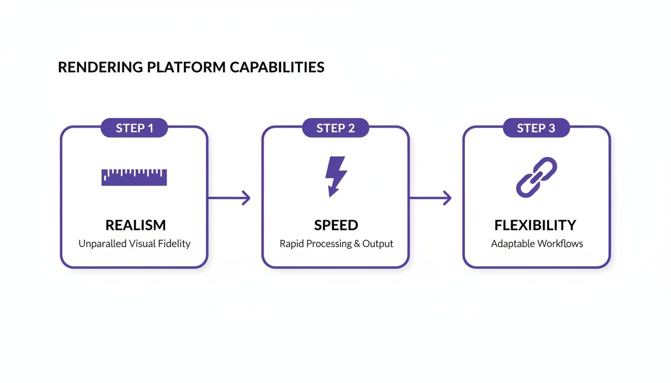 A flowchart illustrating rendering platform capabilities with steps: Realism, Speed, and Flexibility.