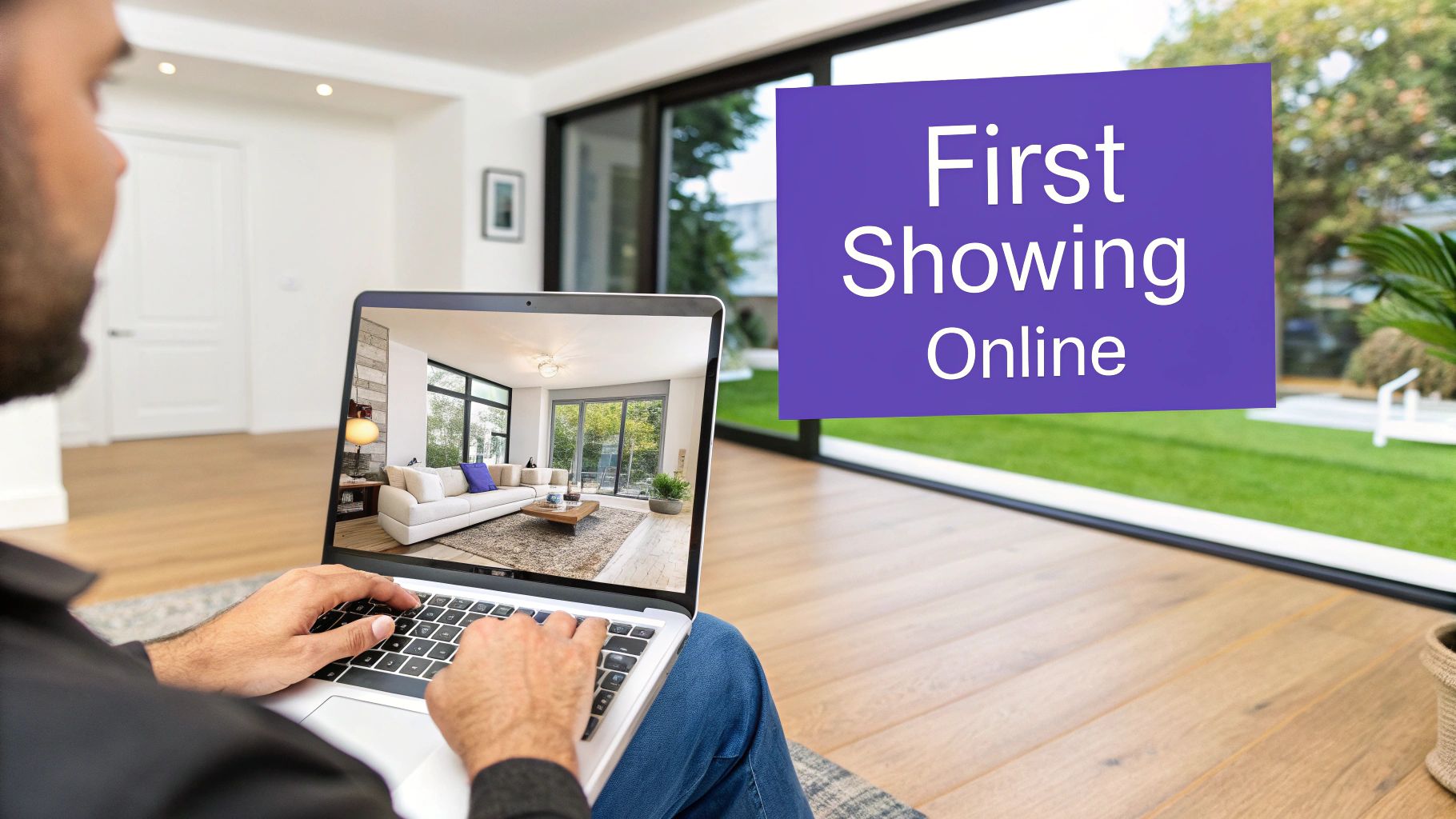 A modern living room with large windows overlooking a city skyline